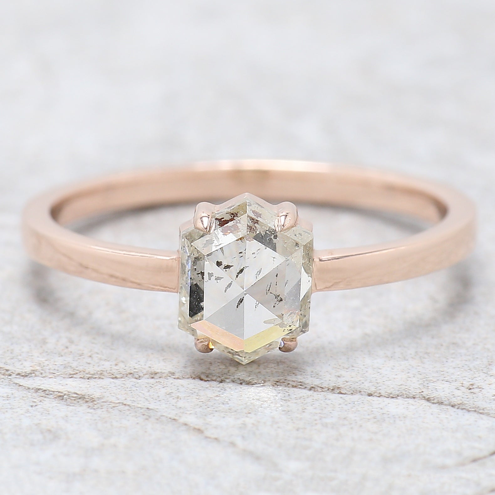 Hexagon Cut Salt And Pepper Diamond Ring 1.12 Ct 6.84 MM Hexagon Diamond Ring 14K Rose Gold Silver Engagement Ring Gift For Her QL2683