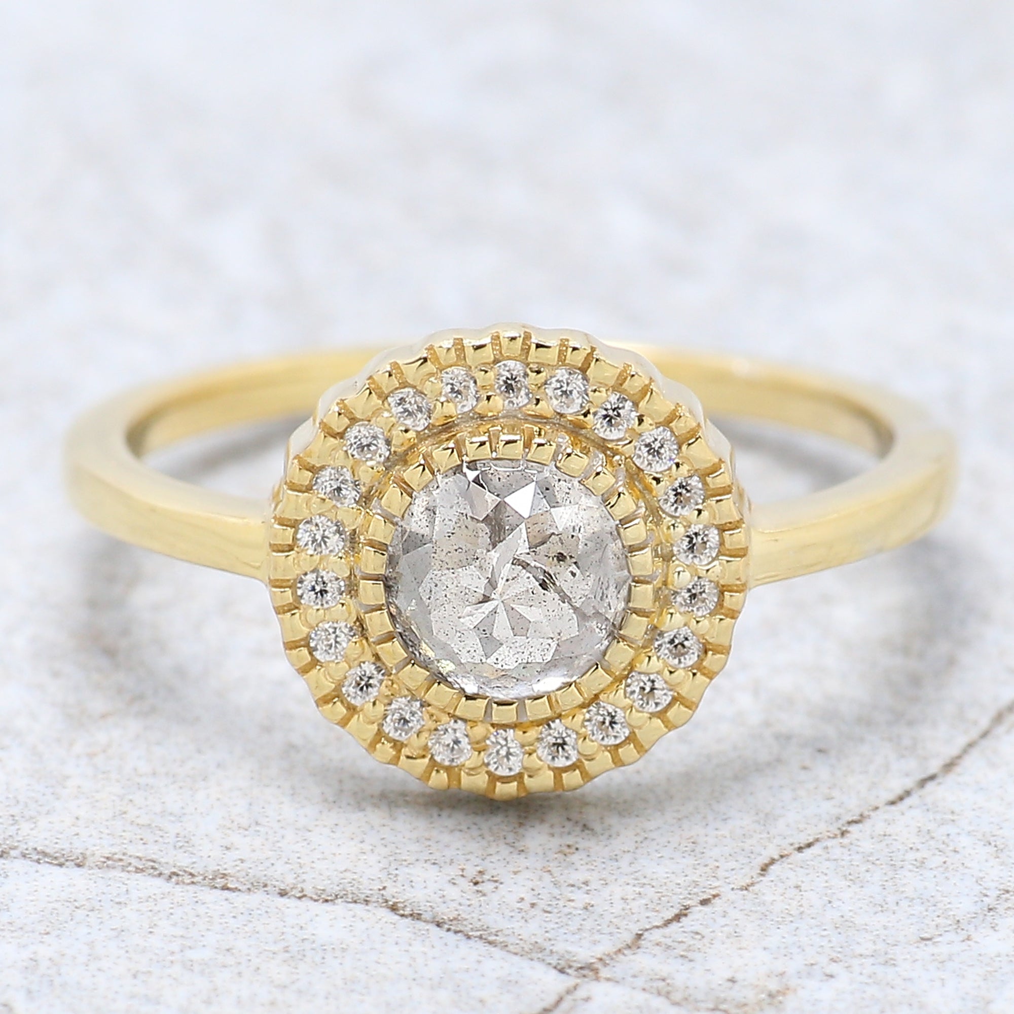 Round Rose Cut Salt And Pepper Diamond Ring 0.82 Ct 5.30 MM Round Diamond Ring 14K Yellow Gold Silver Engagement Ring Gift For Her QN9705