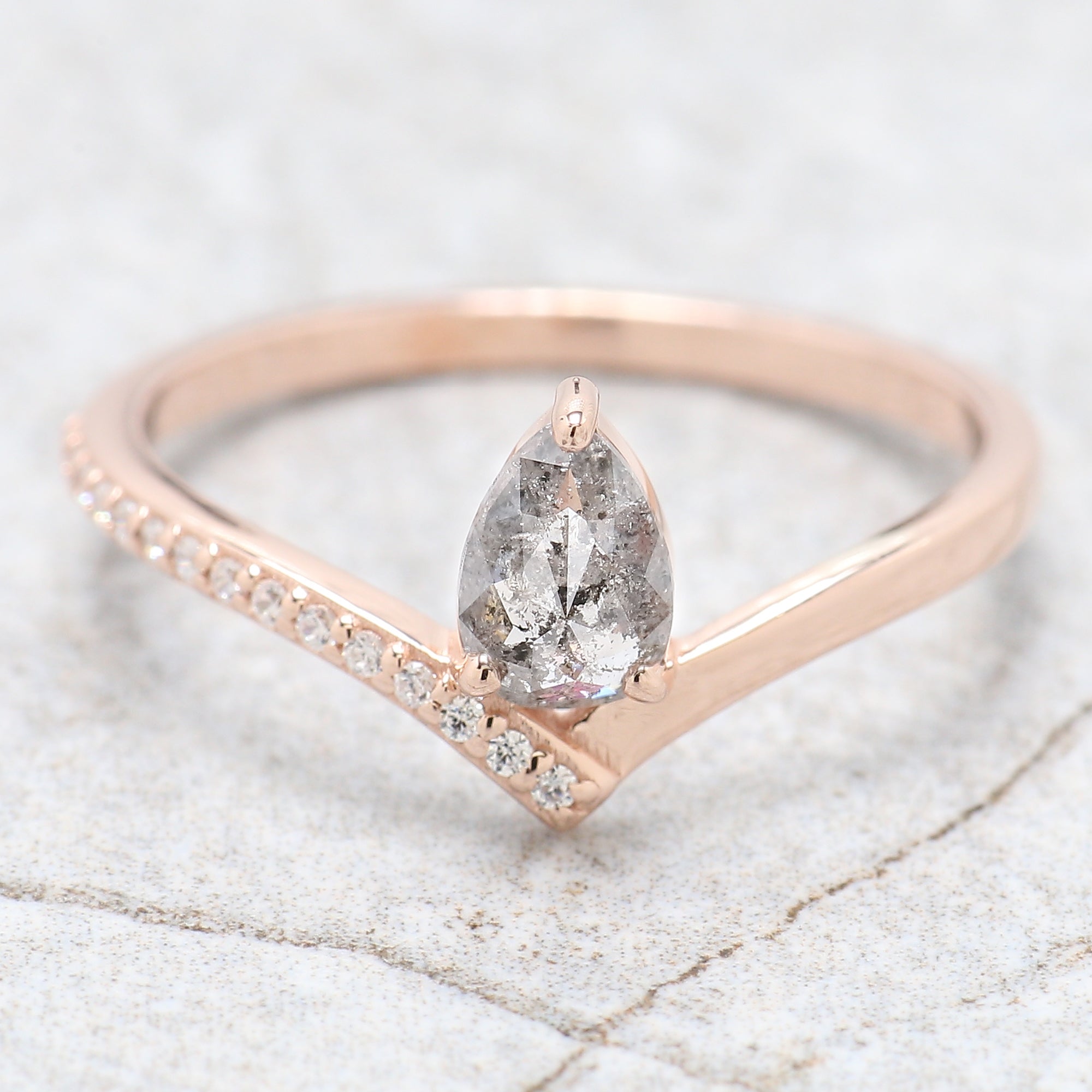 Pear Cut Salt And Pepper Diamond Ring 0.39 Ct 5.95 MM Pear Diamond Ring 14K Solid Rose Gold Silver Pear Engagement Ring Gift For Her QN606