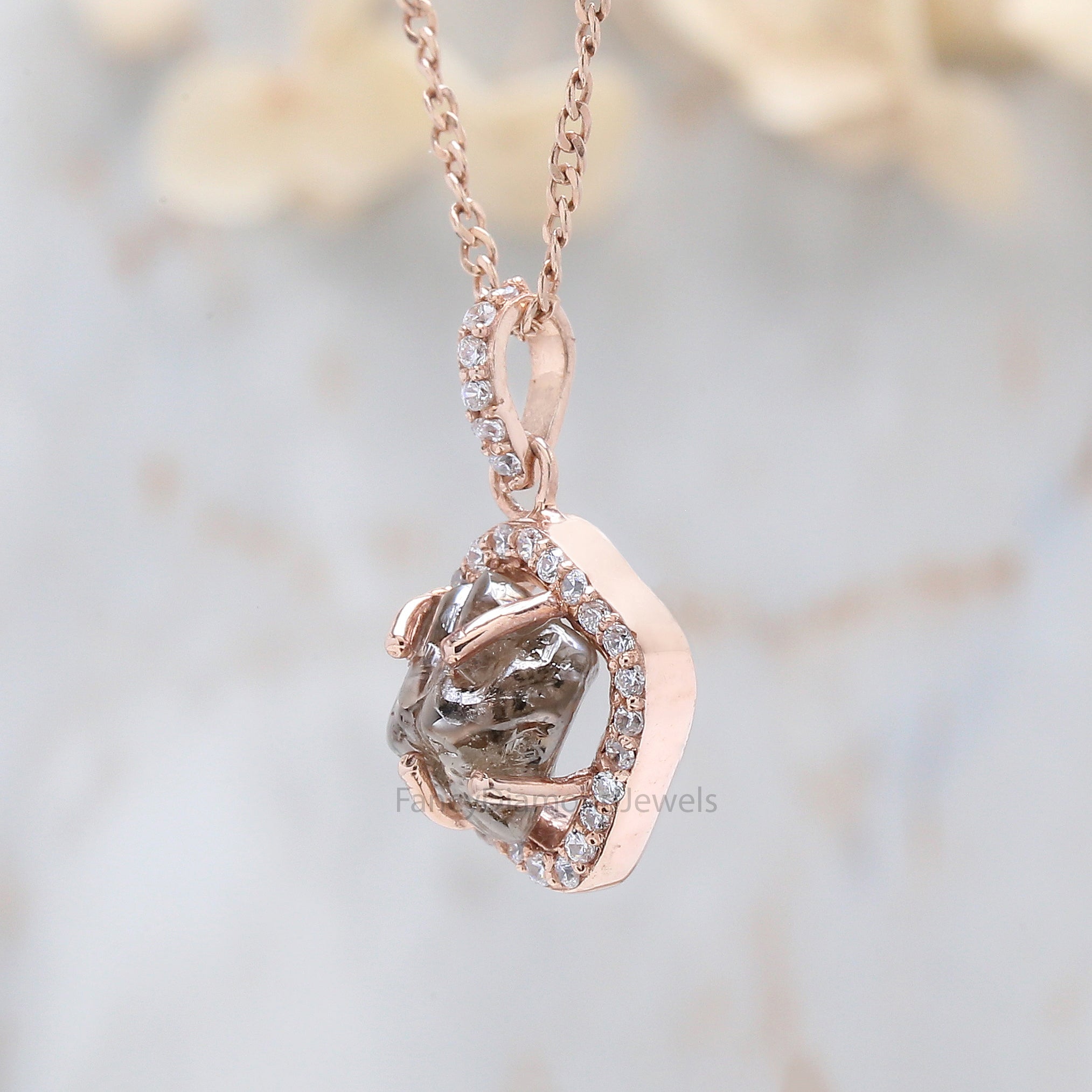 Rough Brown Color Diamond Pendant 3.36 Ct 9.70 MM Rough Diamond Pendant Solid Rose Gold Silver Engagement Pendant Gift For Her QN284