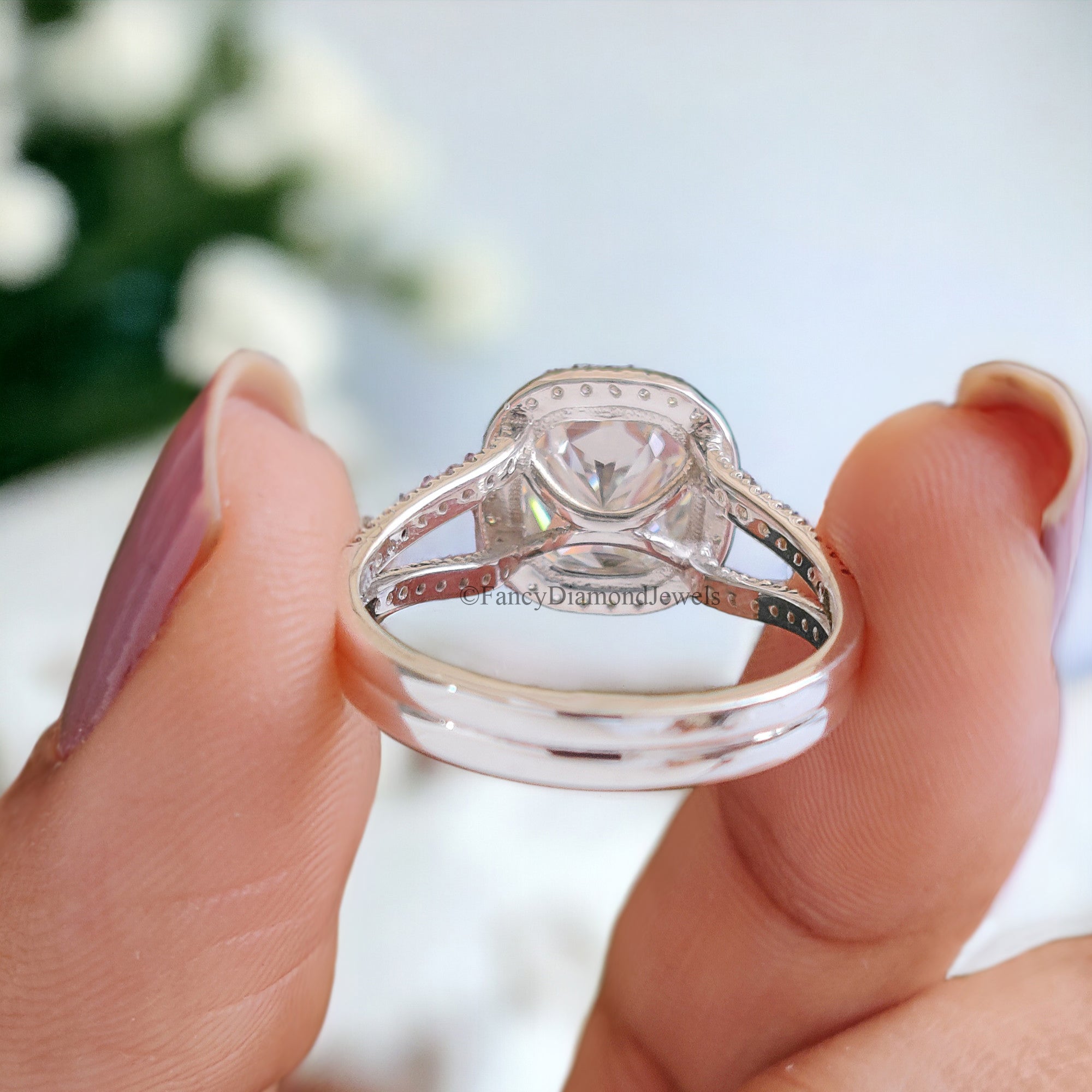 Halo Split Shank Engagement Ring 2.35 TW Cushion Shape Colorless Moissanite Ring Wedding Ring in Solid 10k/14k/18k White Gold Ring FD52