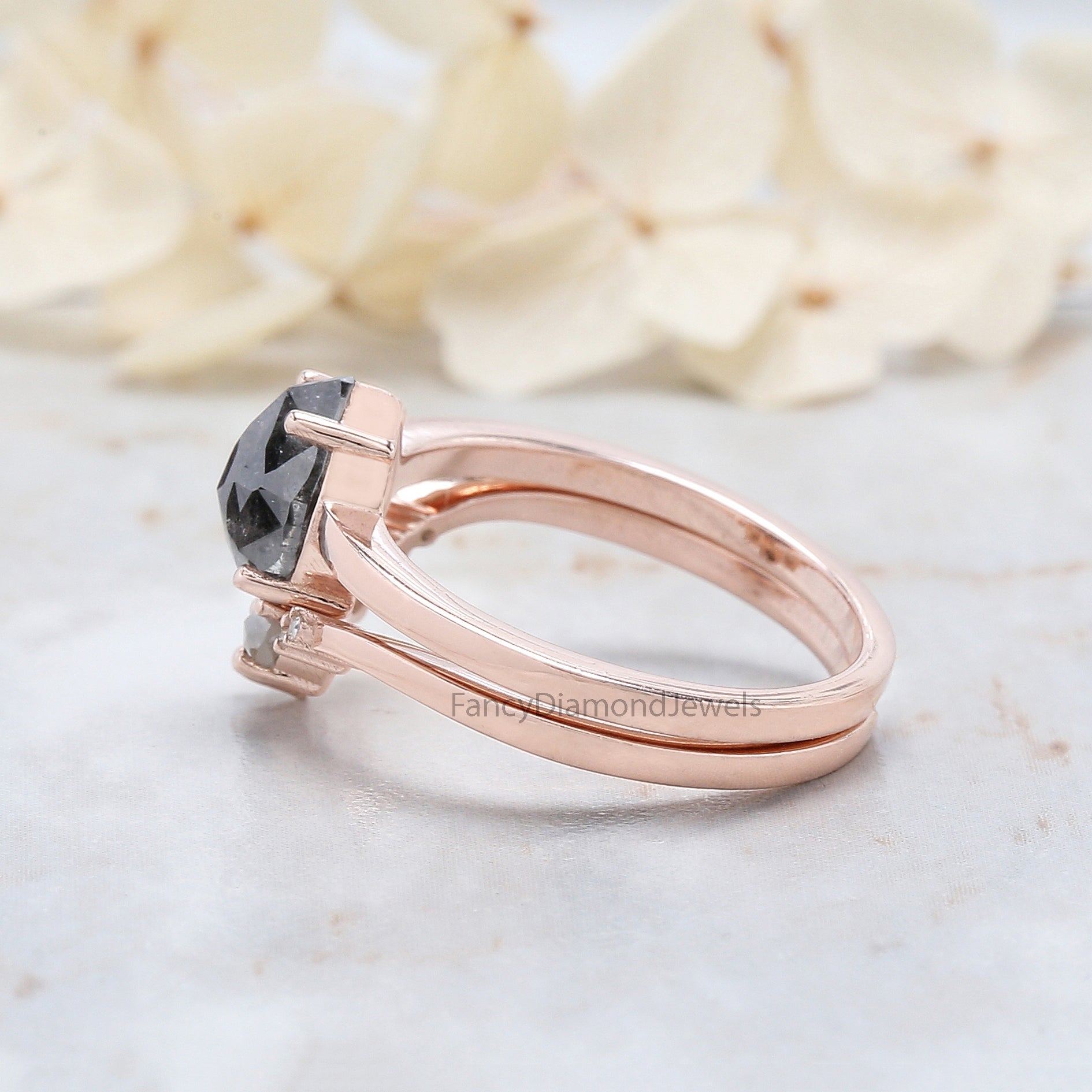 Pear Cut Salt And Pepper Diamond Ring 1.47 Ct 8.05 MM Pear Diamond Ring 14K Solid Rose Gold Silver Pear Engagement Ring Gift For Her QL1561