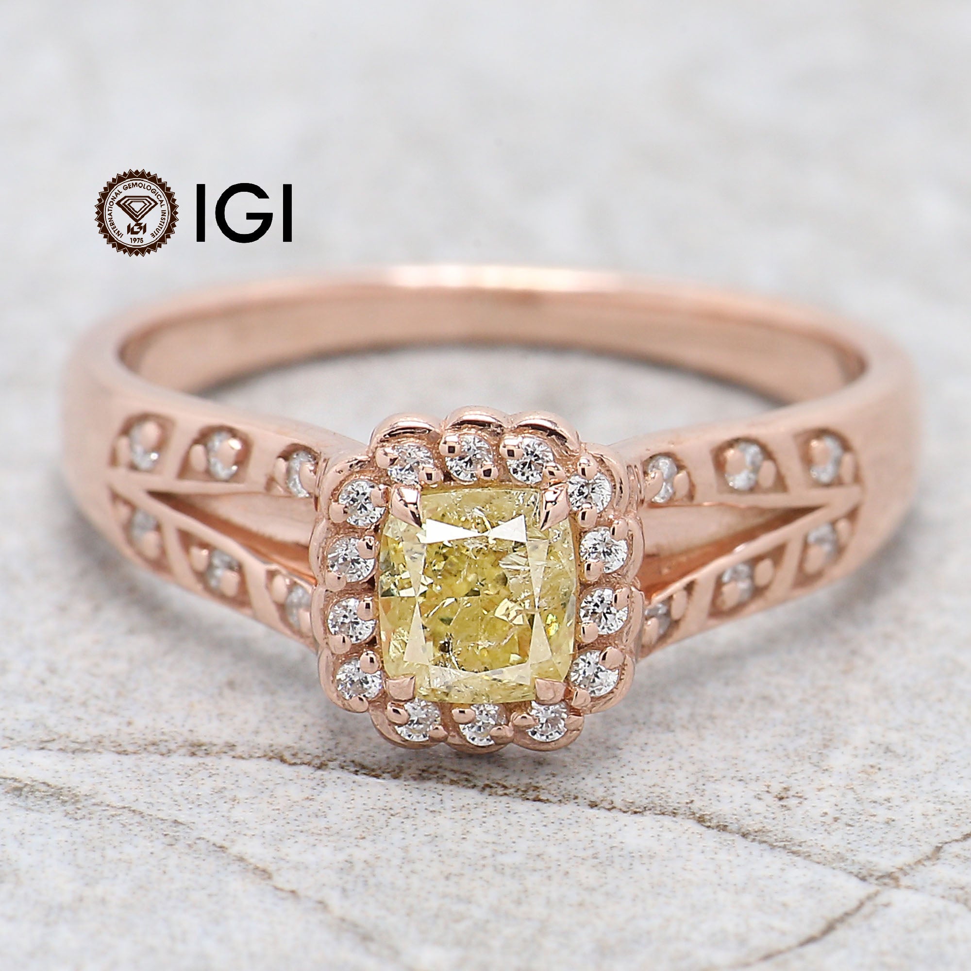 IGI Certified Cushion Yellow Color Diamond Ring 0.56 Ct 4.82 MM Cushion Diamond Ring 14K Solid Rose Gold Engagement Ring Gift For Her QL7701