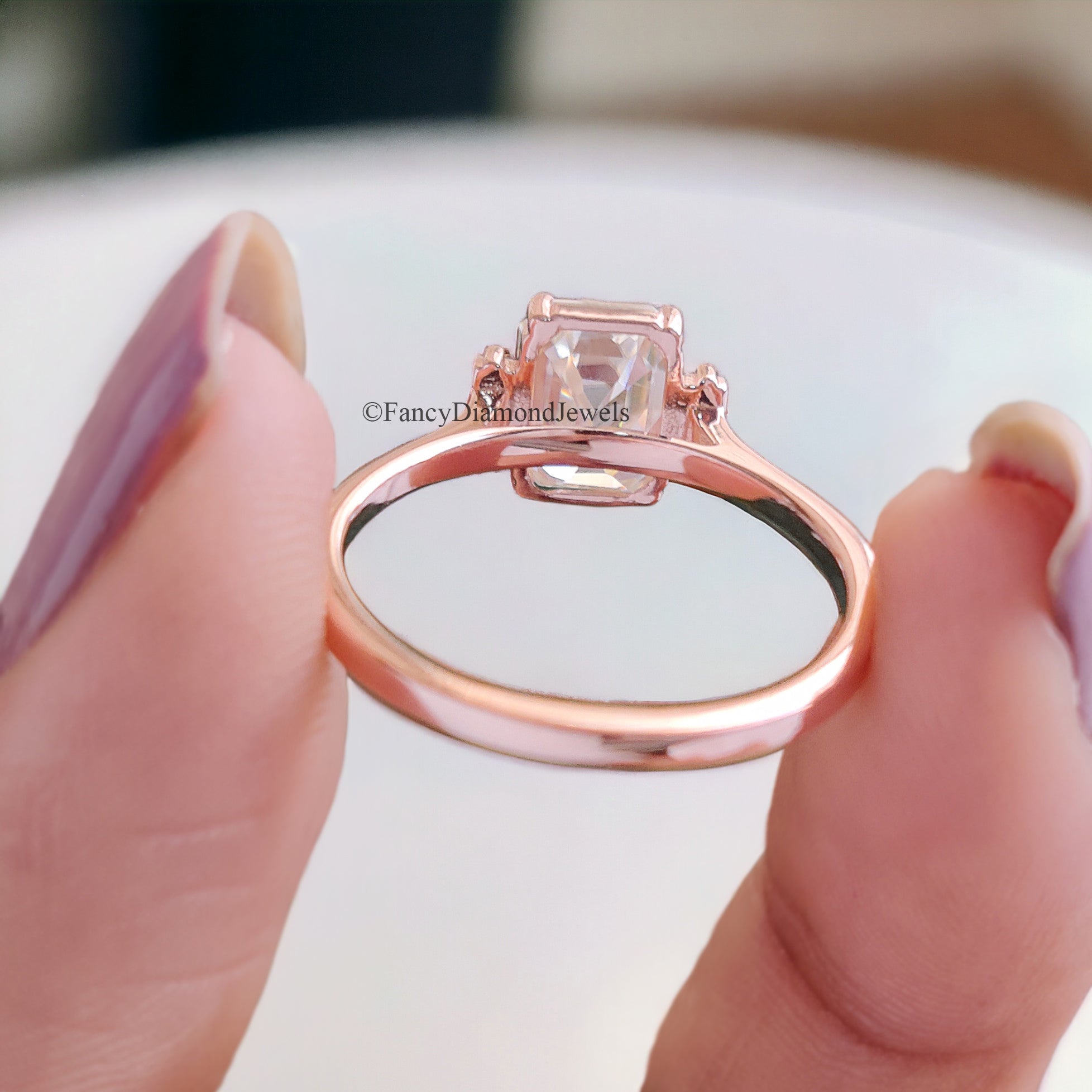 Three Stone Ring Emerald With Side Baguettes 1.50 CT Colorless Emerald Moissanite Engagement Ring Wedding Ring Rose Gold Designer Ring FD95