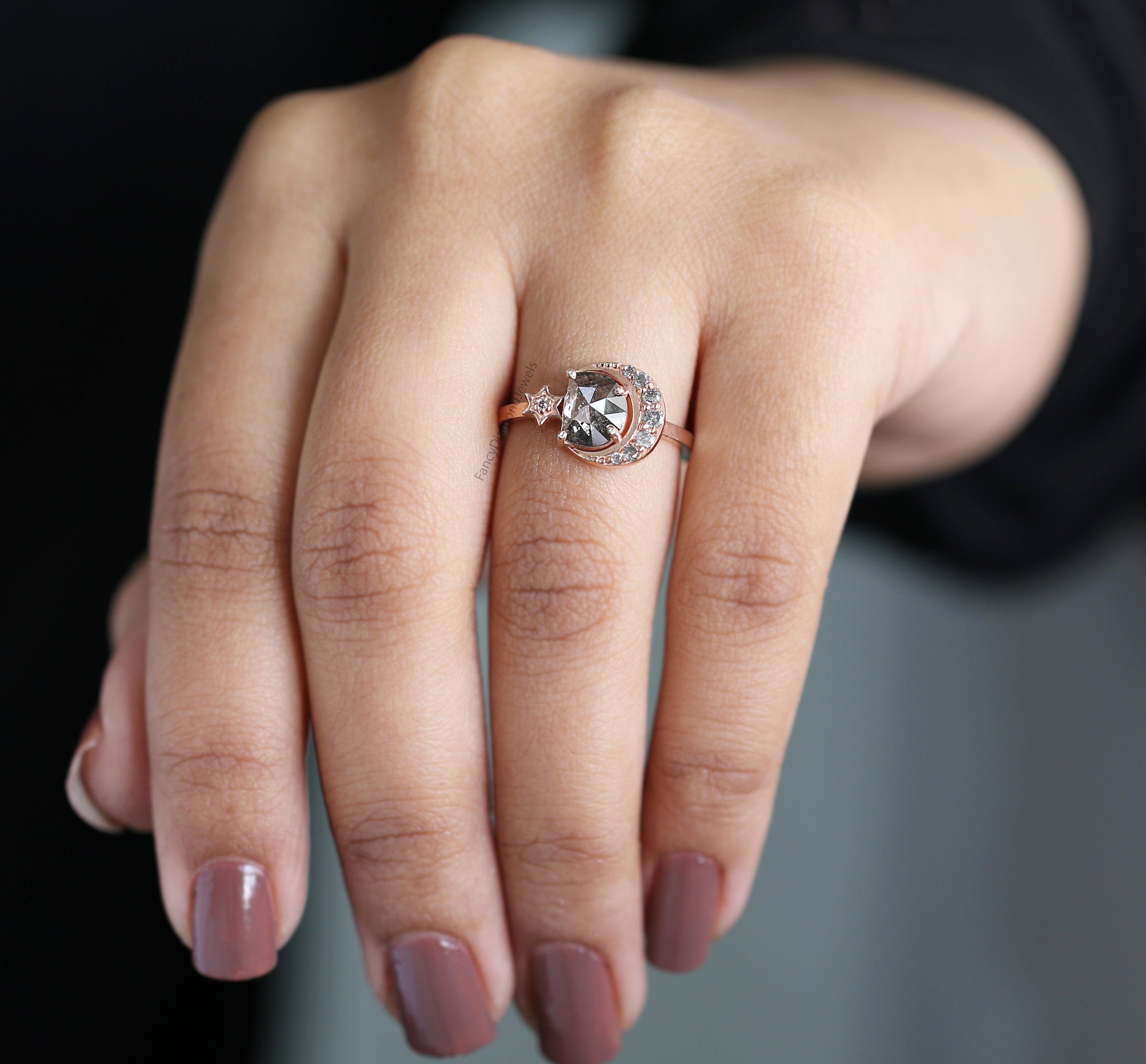 Half Moon Salt And Pepper Diamond Ring 1.25 Ct 7.20 MM Half Moon Diamond Ring 14K Solid Rose Gold Silver Engagement Ring Gift For Her QL127