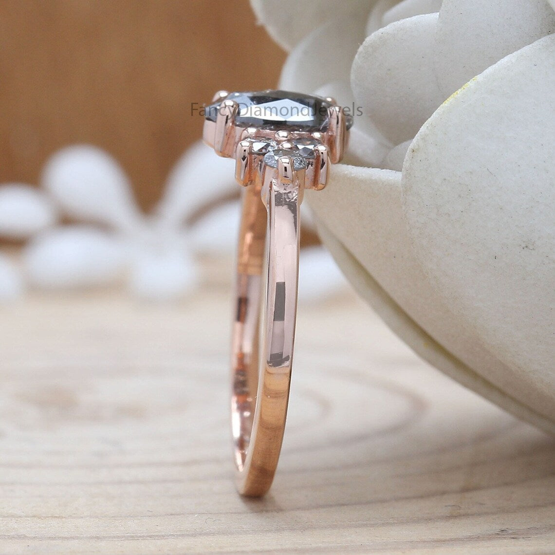 Oval Cut Salt And Pepper Diamond Ring 0.88 Ct 7.70 MM Oval Diamond Ring 14K Solid Rose Gold Silver Oval Engagement Ring Gift For Her QN828