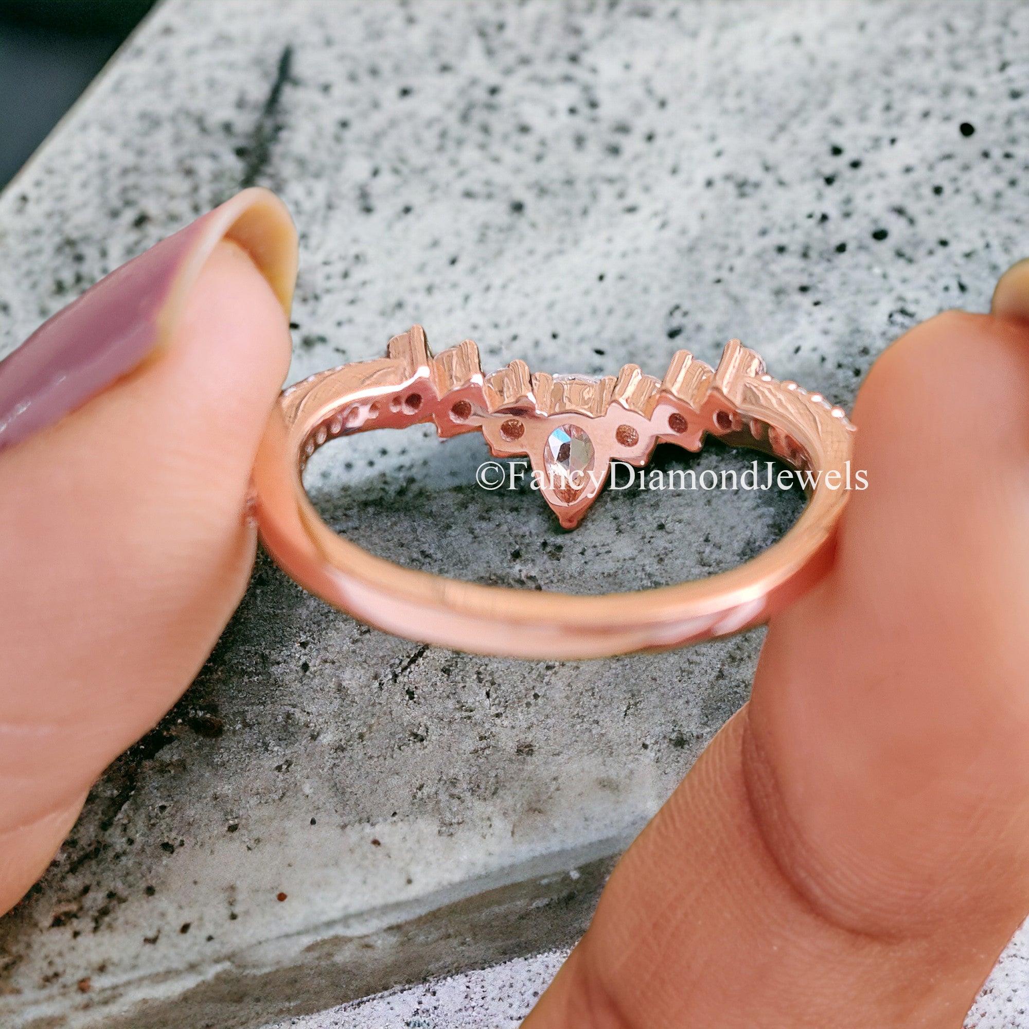 Curved wedding band Antique Pear cut Moissanite ring Rose Gold Unique Matching ring Half eternity Anniversary Stacking dainty band FD63