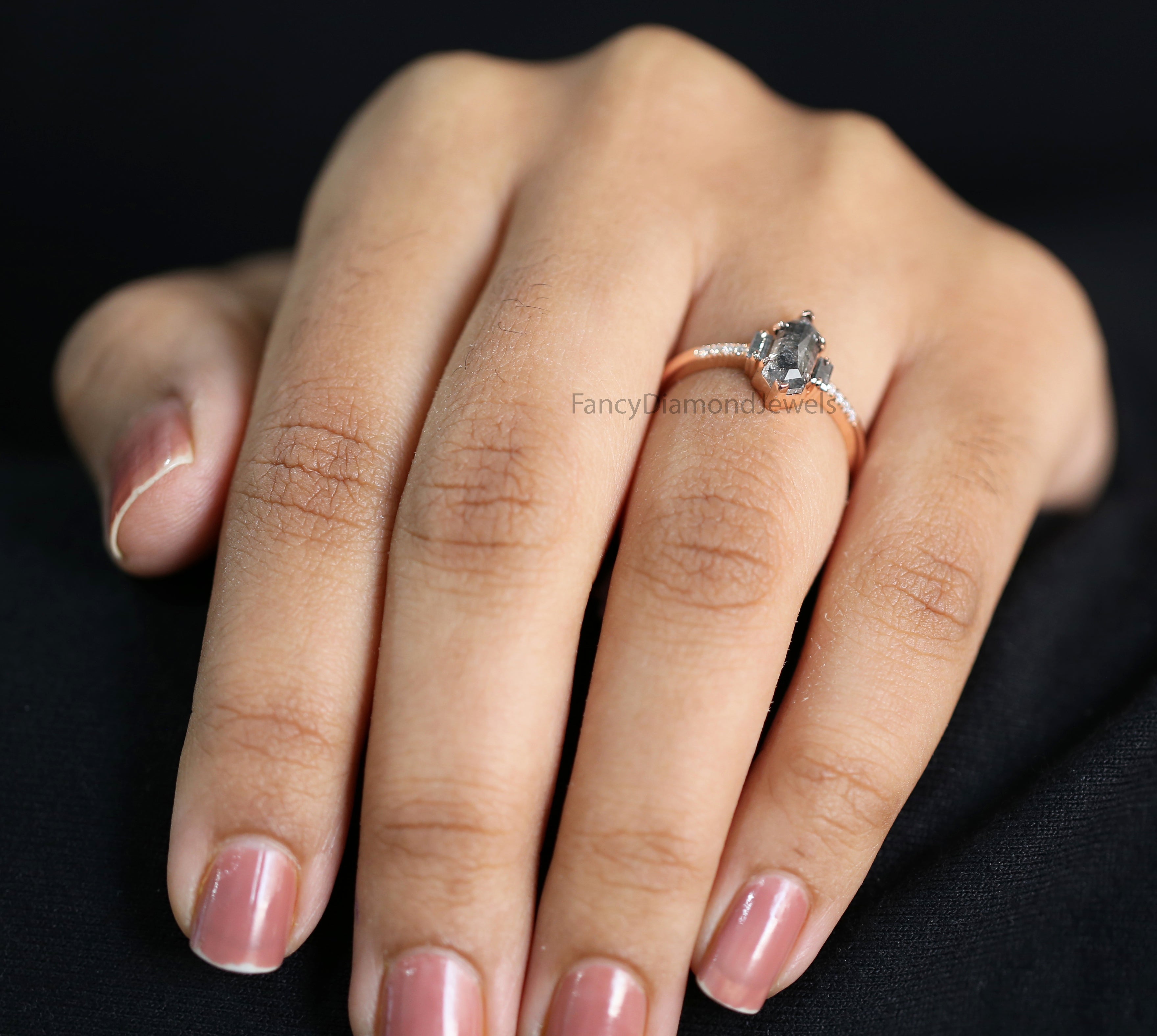 Hexagon Cut Salt And Pepper Diamond Ring 1.00 Ct 9.40 MM Hexagon Cut Diamond Ring 14K Rose Gold Silver Engagement Ring Gift For Her QL2507