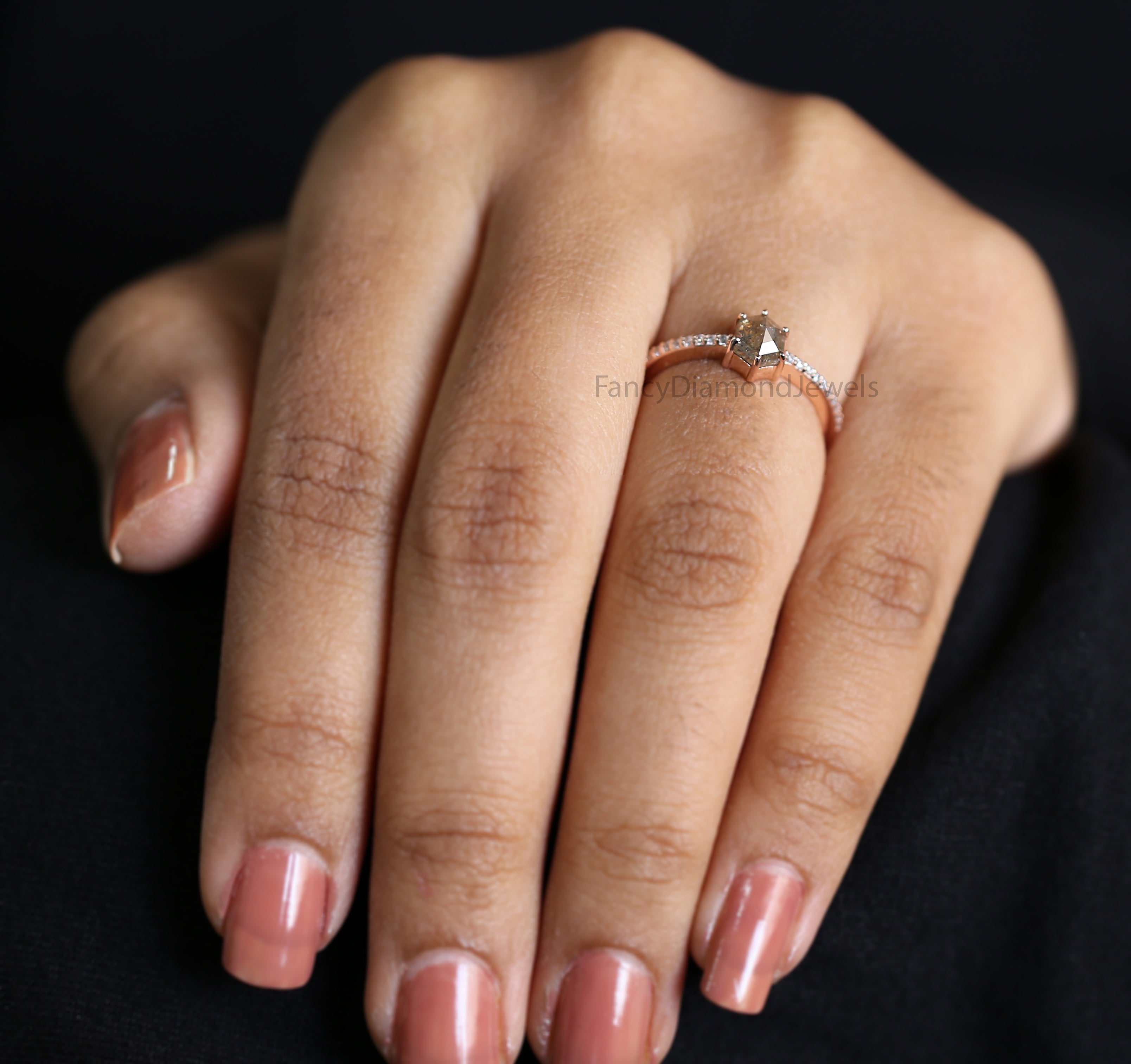Hexagon Cut Salt And Pepper Diamond Ring 0.70 Ct 5.70 MM Hexagon Cut Diamond Ring 14K Rose Gold Silver Engagement Ring Gift For Her QL9362