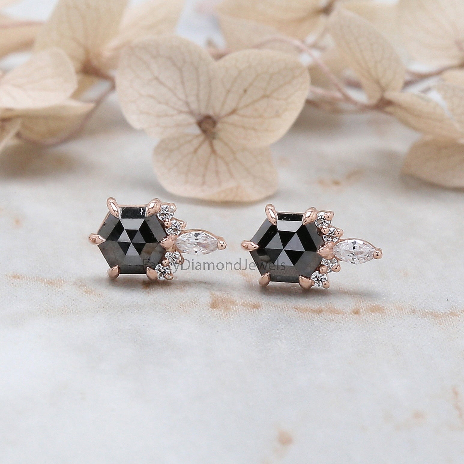 Hexagon Cut Black Color Diamond Earring 0.58 Ct 5.03 MM Hexagon Shape Diamond Earring 14K Solid Rose Gold Silver Engagement Earring QK2629