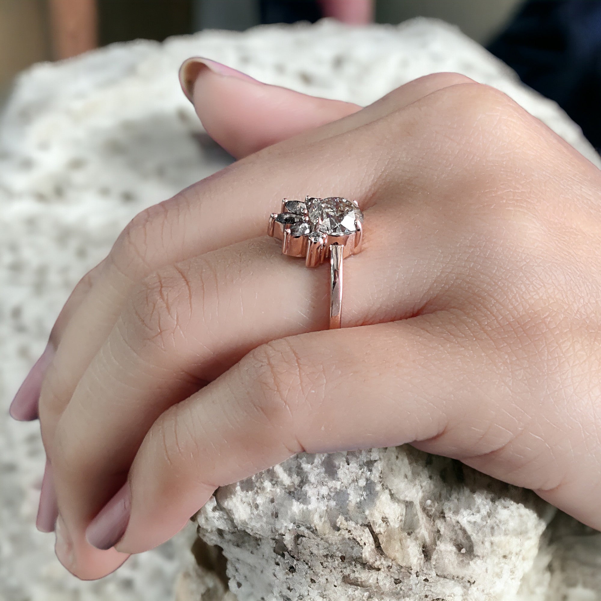 Round Cut Salt And Pepper Diamond Ring 1.45 Ct 6.75 MM Round Diamond Ring 14K Solid Rose Gold Silver Engagement Ring Gift For Her QL2616