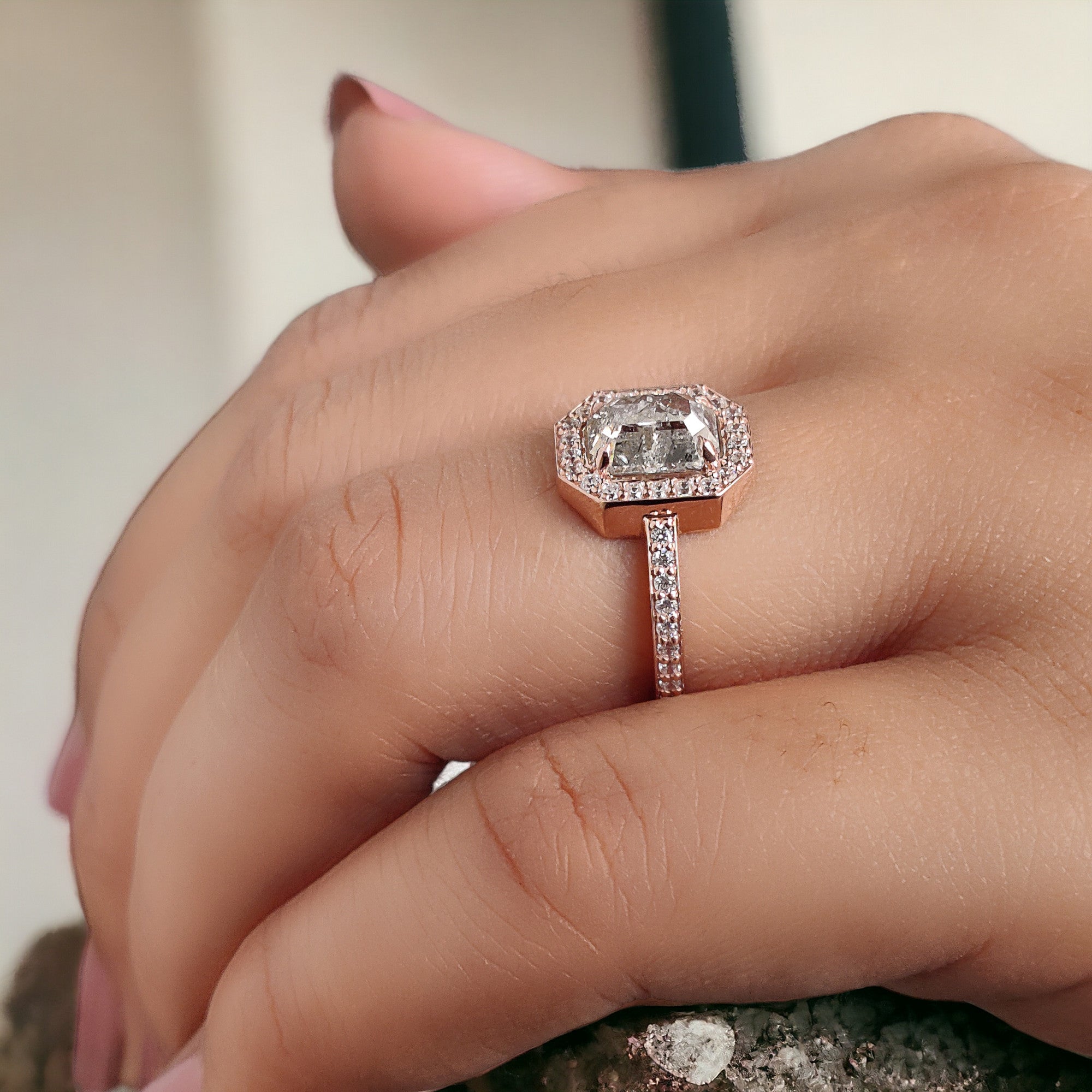 Emerald Cut Salt And Pepper Diamond Ring 1.57 Ct 7.28 MM Emerald Diamond Ring 14K Solid Rose Gold Silver Engagement Ring Gift For Her QL2584