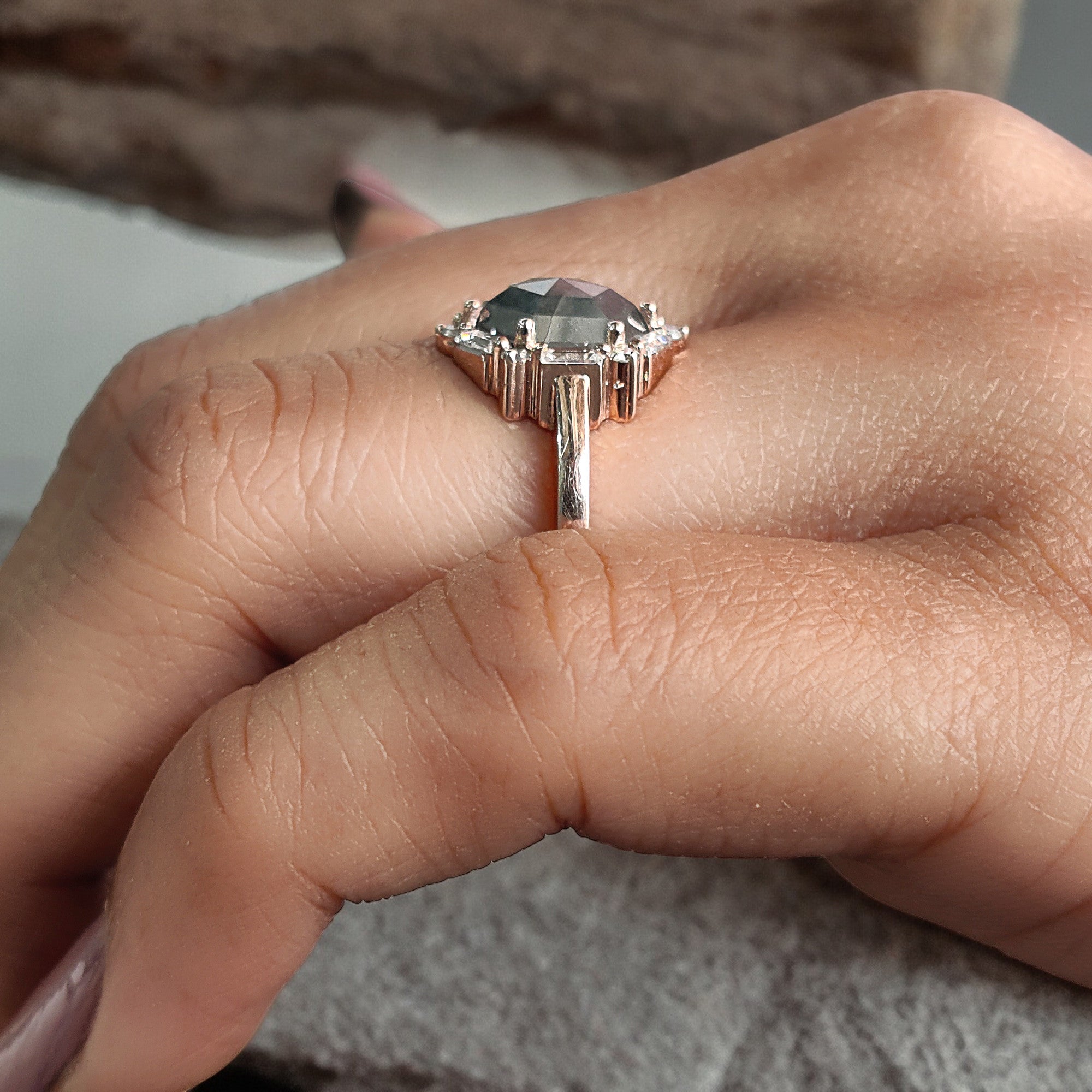 Hexagon Cut Salt And Pepper Diamond Ring 2.28 Ct 9.10 MM Hexagon Cut Diamond Ring 14K Rose Gold Silver Engagement Ring Gift For Her QL1162