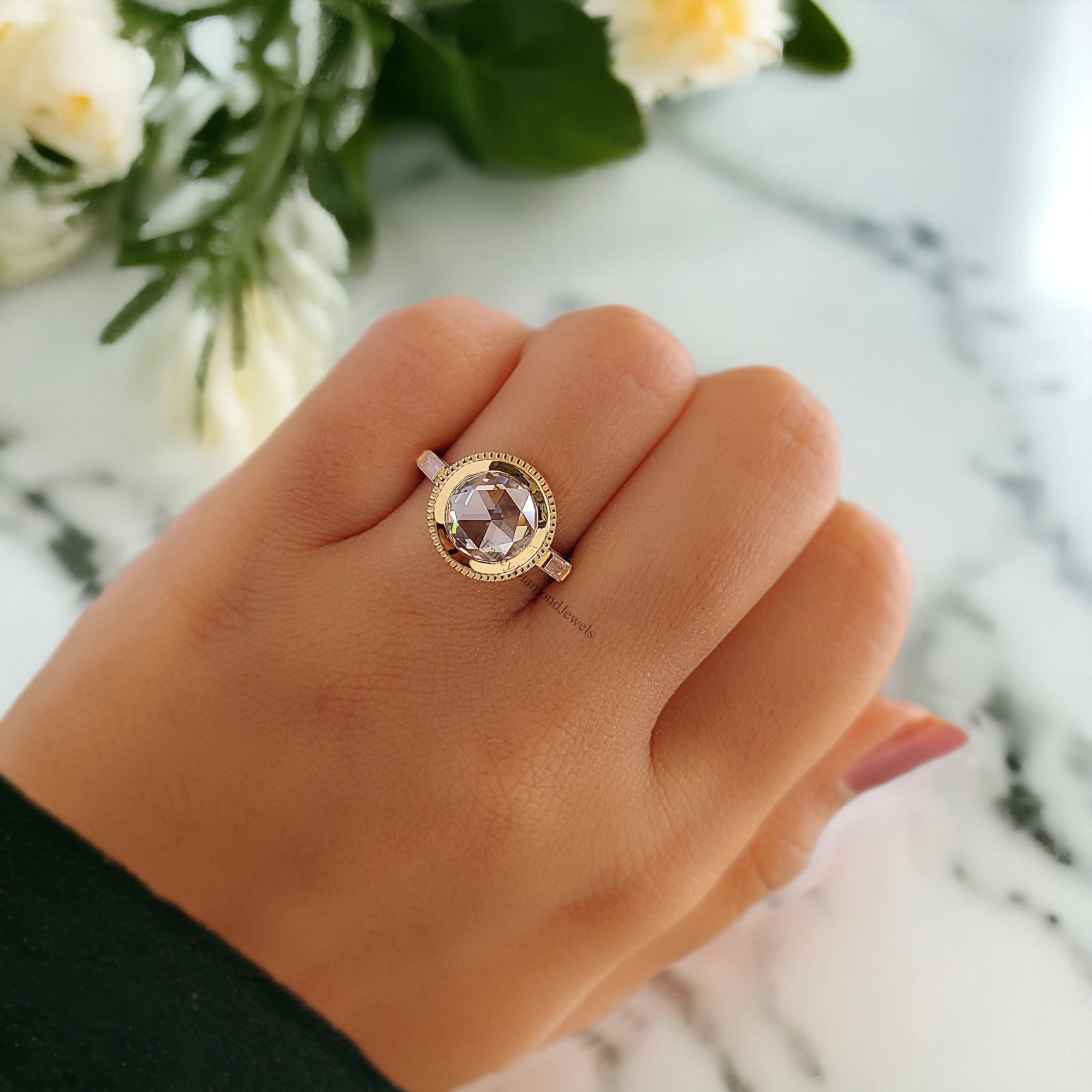 2.60 CT Antique Vintage Round Rose Cut Colorless Moissanite Ring Engagement Ring Wedding Ring Three Stone Wedding Ring Bezel Set Ring FD233