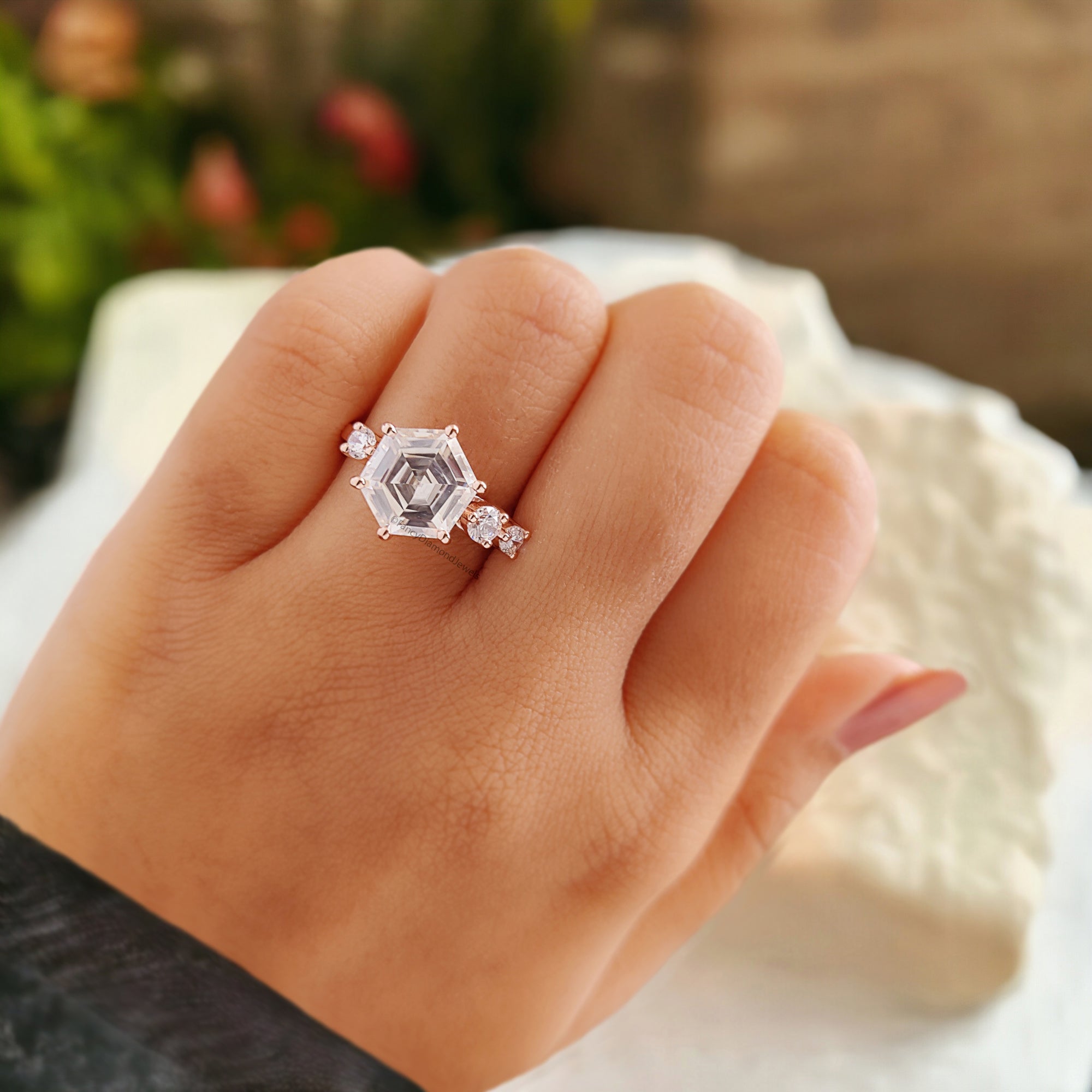 2.95 CTW Antique Hexagon Cut Moissanite Engagement Ring Rose Gold Four Stone Ring Engagement Ring Delicate Wedding Bridal Ring FD235