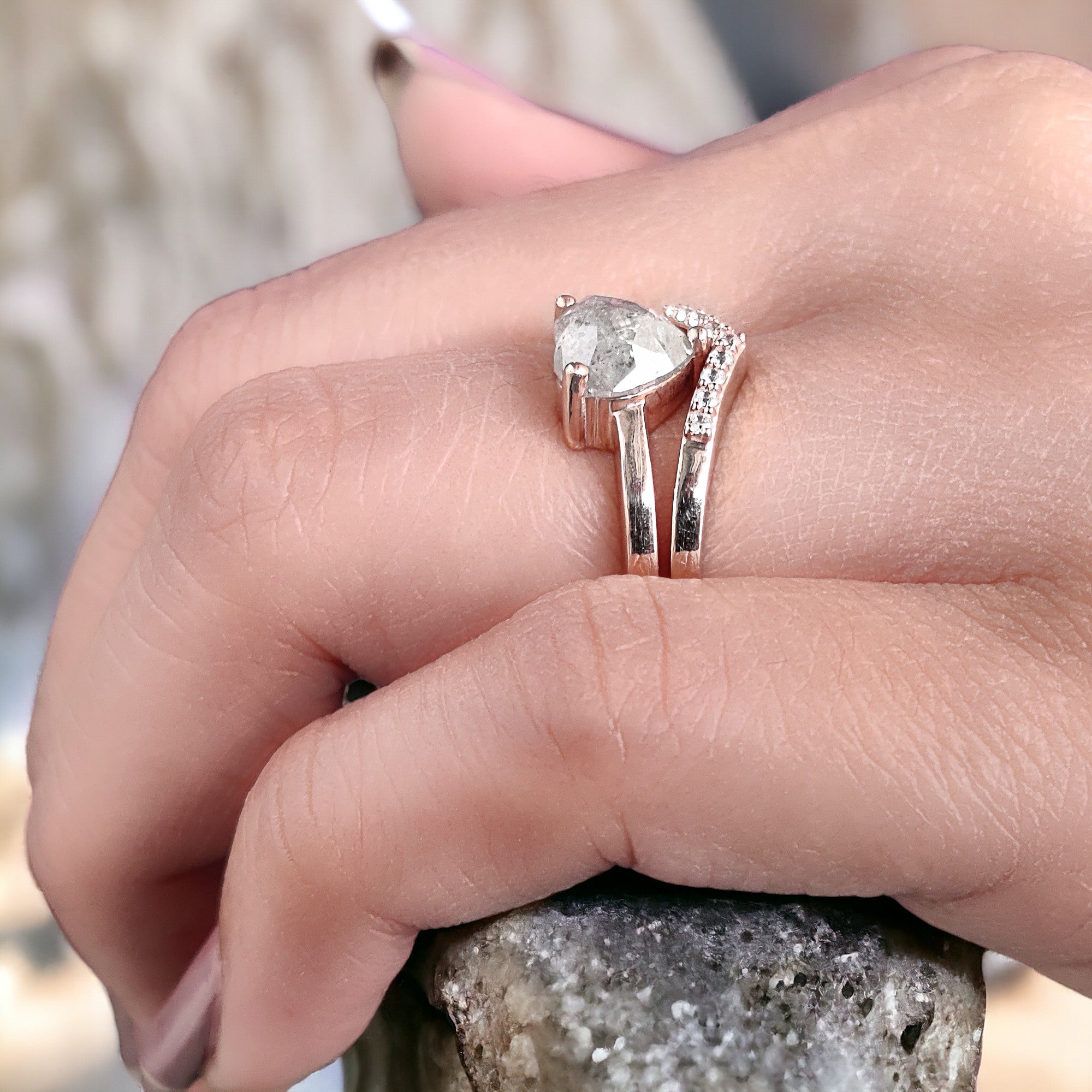 Heart Salt And Pepper Diamond Ring 1.39 Ct 7.70 MM Heart Shape Diamond Ring 14K Solid Rose Gold Silver Engagement Ring Gift For Her QL6196