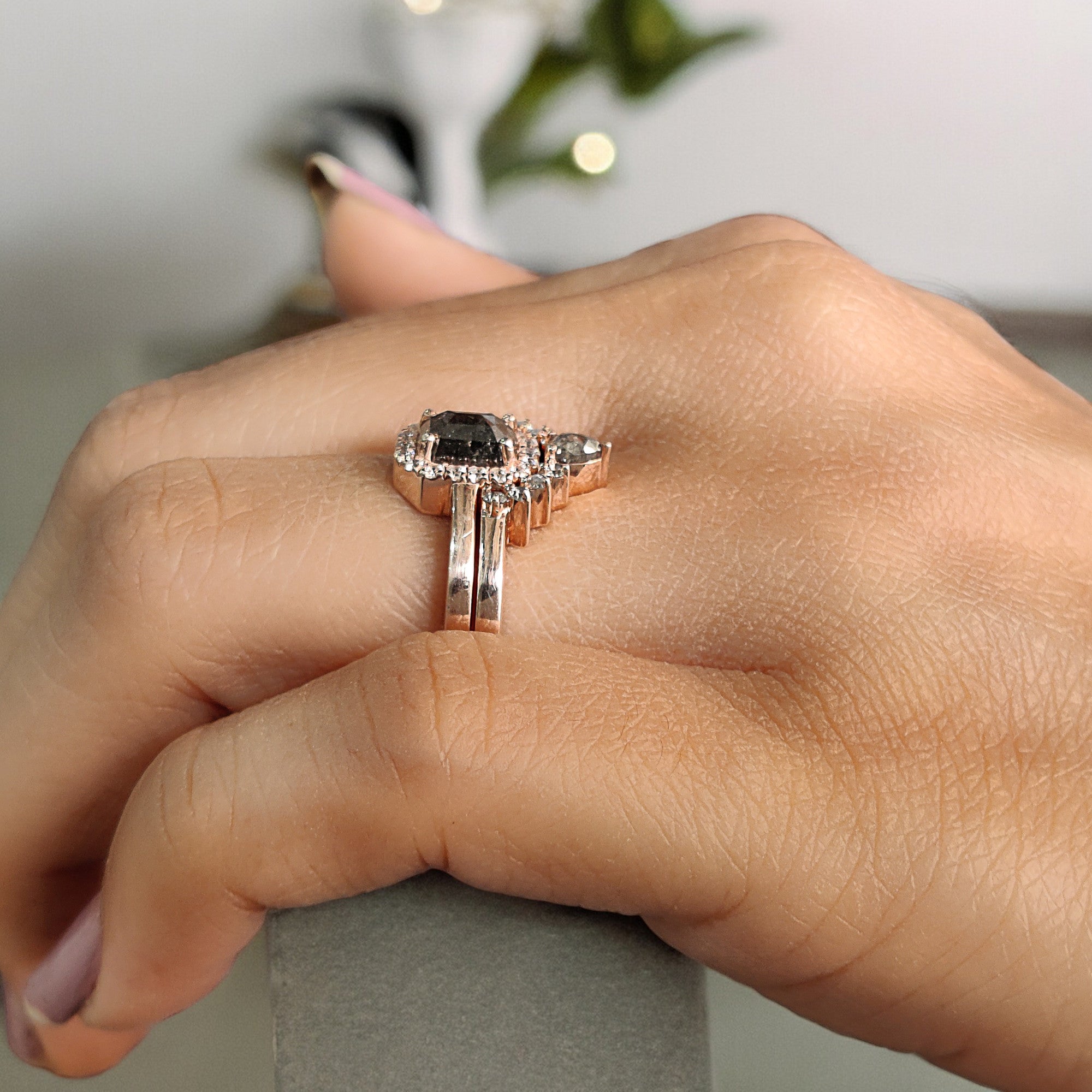 Emerald Cut Salt And Pepper Diamond Ring 0.90 Ct 6.00 MM Emerald Diamond Ring 14K Solid Rose Gold Silver Engagement Ring Gift For Her QL1228