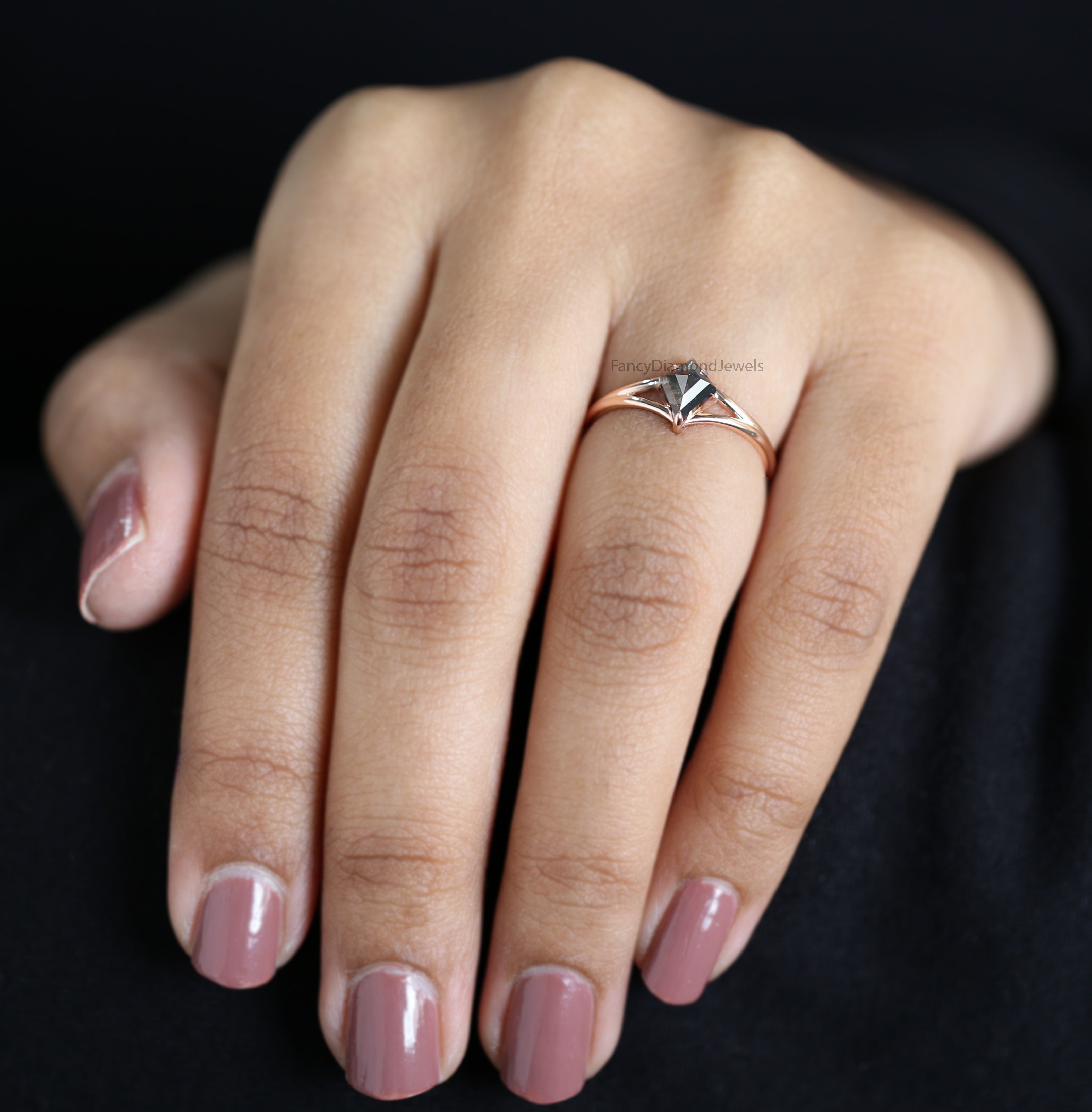 Kite Cut Salt And Pepper Diamond Ring 0.66 Ct 7.44 MM Kite Diamond Ring 14K Solid Rose Gold Silver Kite Engagement Ring Gift For Her QL2908