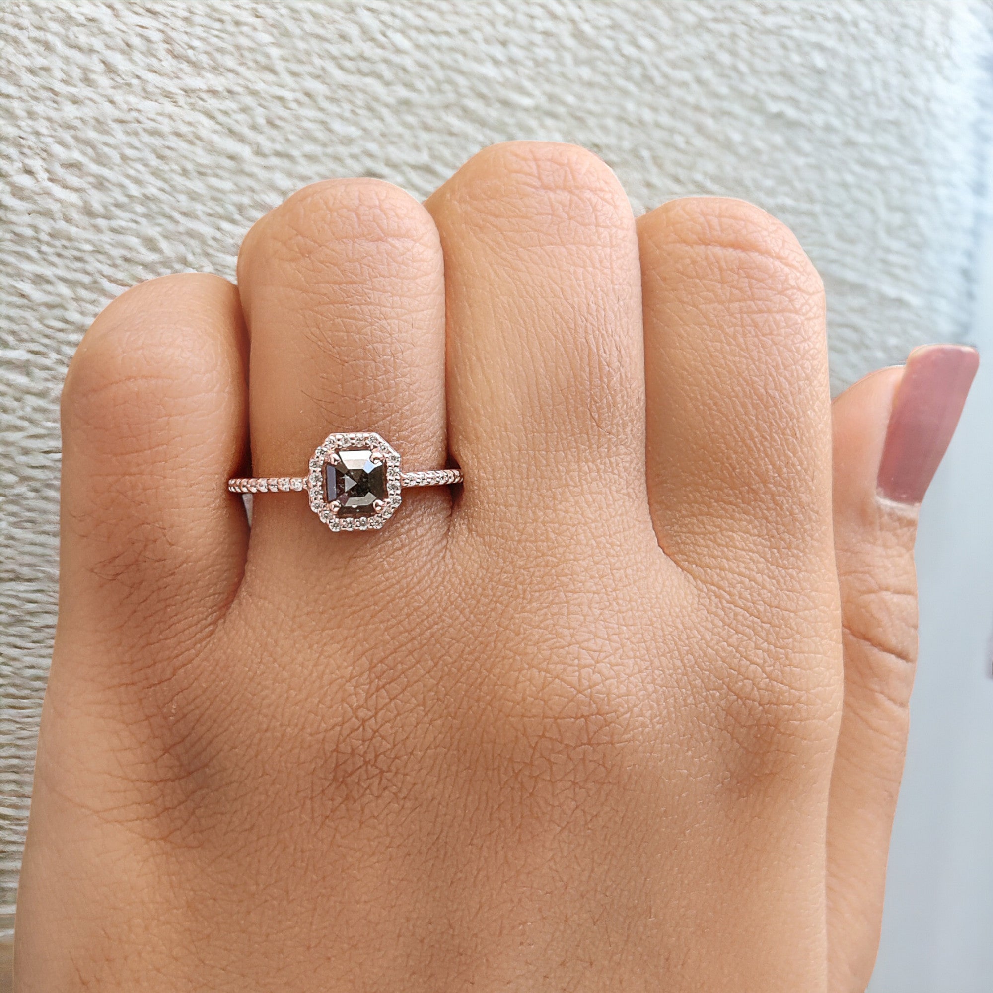 Emerald Cut Salt And Pepper Diamond Ring 0.55 Ct 5.10 MM Emerald Diamond Ring 14K Solid Rose Gold Silver Engagement Ring Gift For Her QN9426