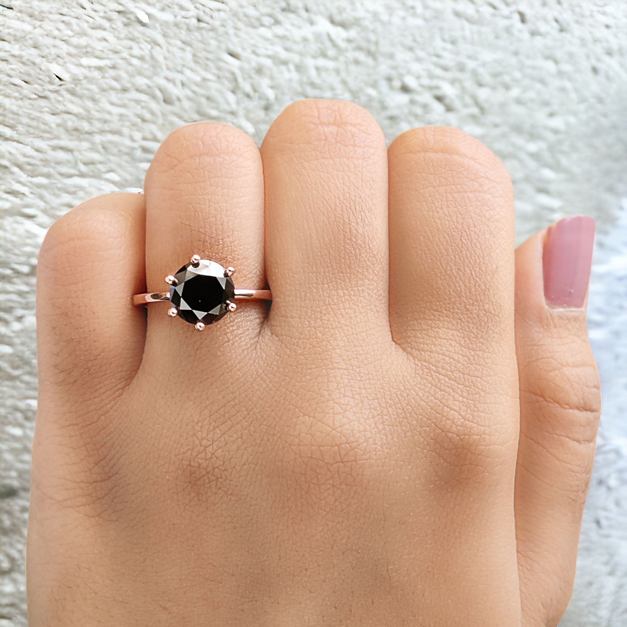 Round Cut Black Color Diamond Ring 2.65 Ct 8.55 MM Round Shape Diamond Ring 14K Solid Rose Gold Silver Engagement Ring Gift For Her QL9631