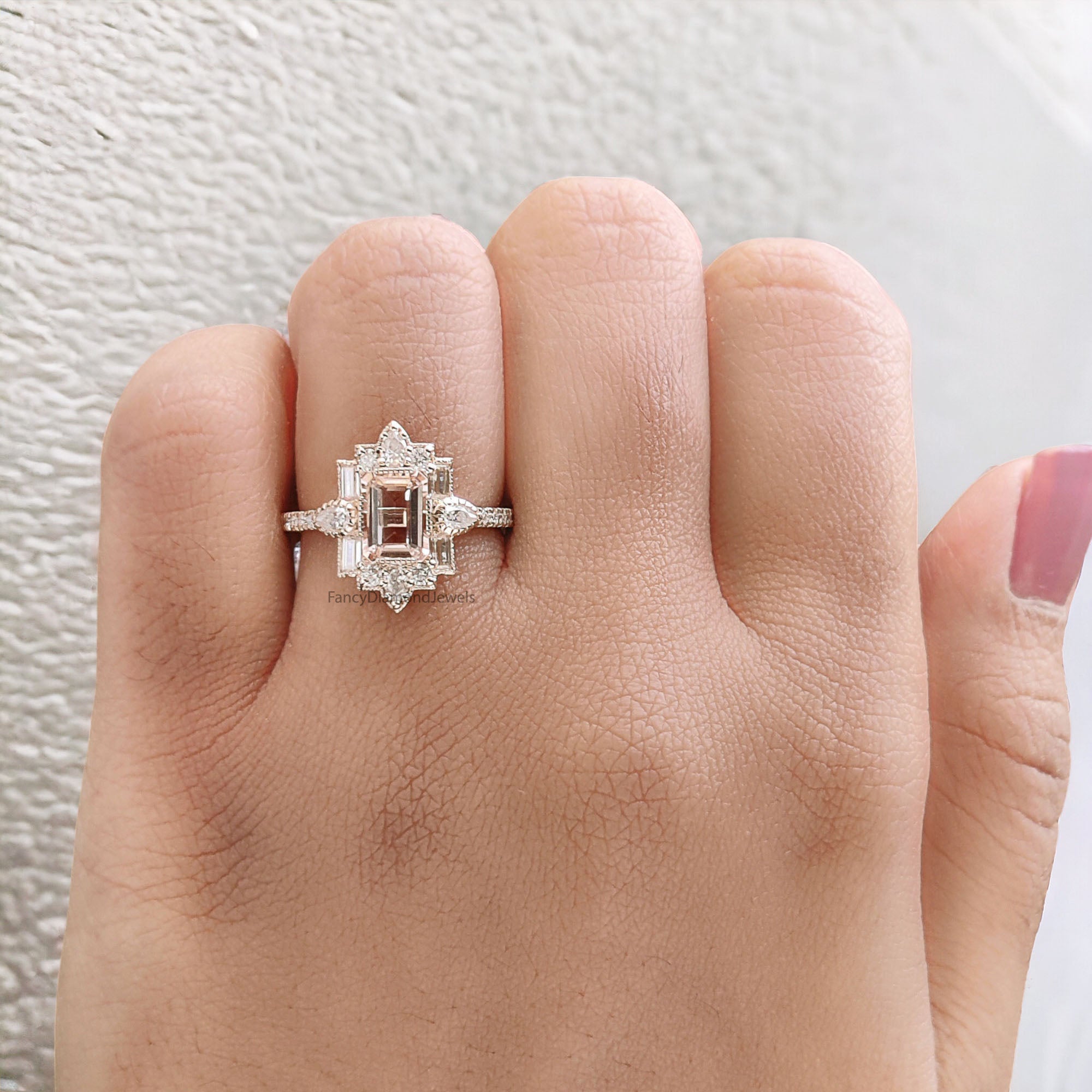 0.85 CT Emerald Cut Vintage Morganite Engagement Ring Baguette wedding ring Unique art deco ring Pear halo ring Starburst ring For Her FD294