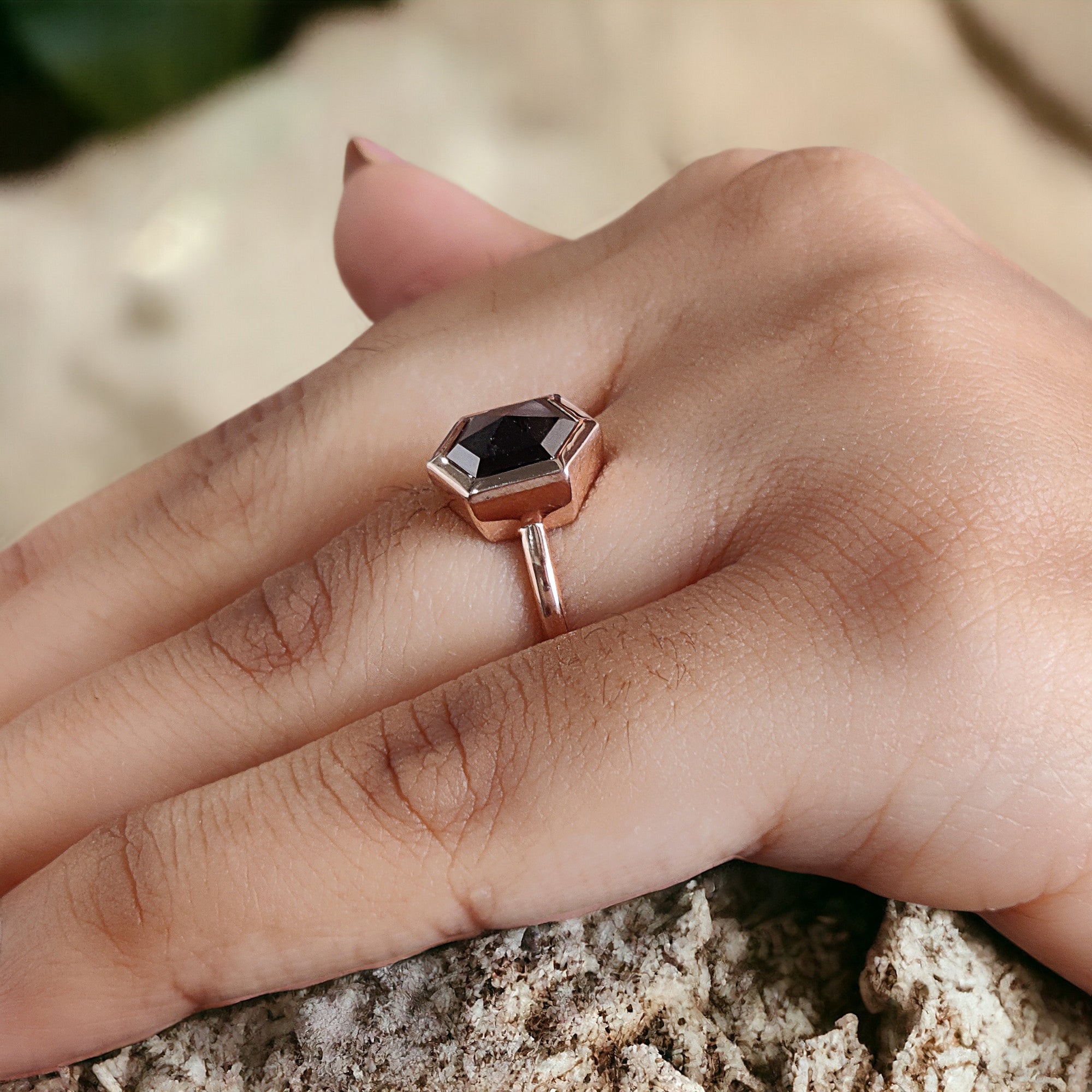 Hexagon Cut Black Color Diamond Ring 3.11 Ct 10.00 MM Hexagon Diamond Ring 14K Solid Rose Gold Silver Engagement Ring Gift For Her QN607