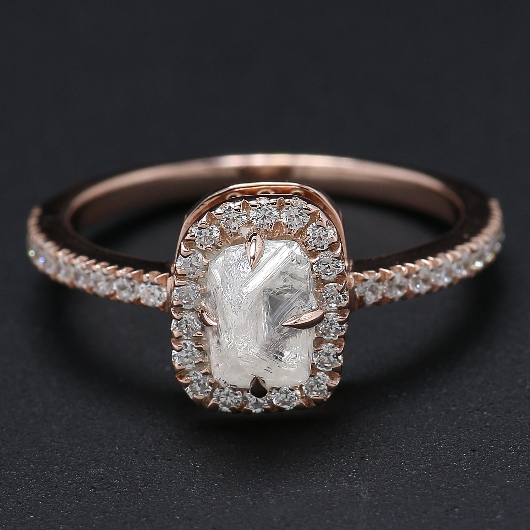 Rough White-F Color Diamond Ring 1.40 Ct 6.86 MM Crystal Rough Diamond Ring 14K Solid Rose Gold Silver Engagement Ring Gift For Her KDL2496