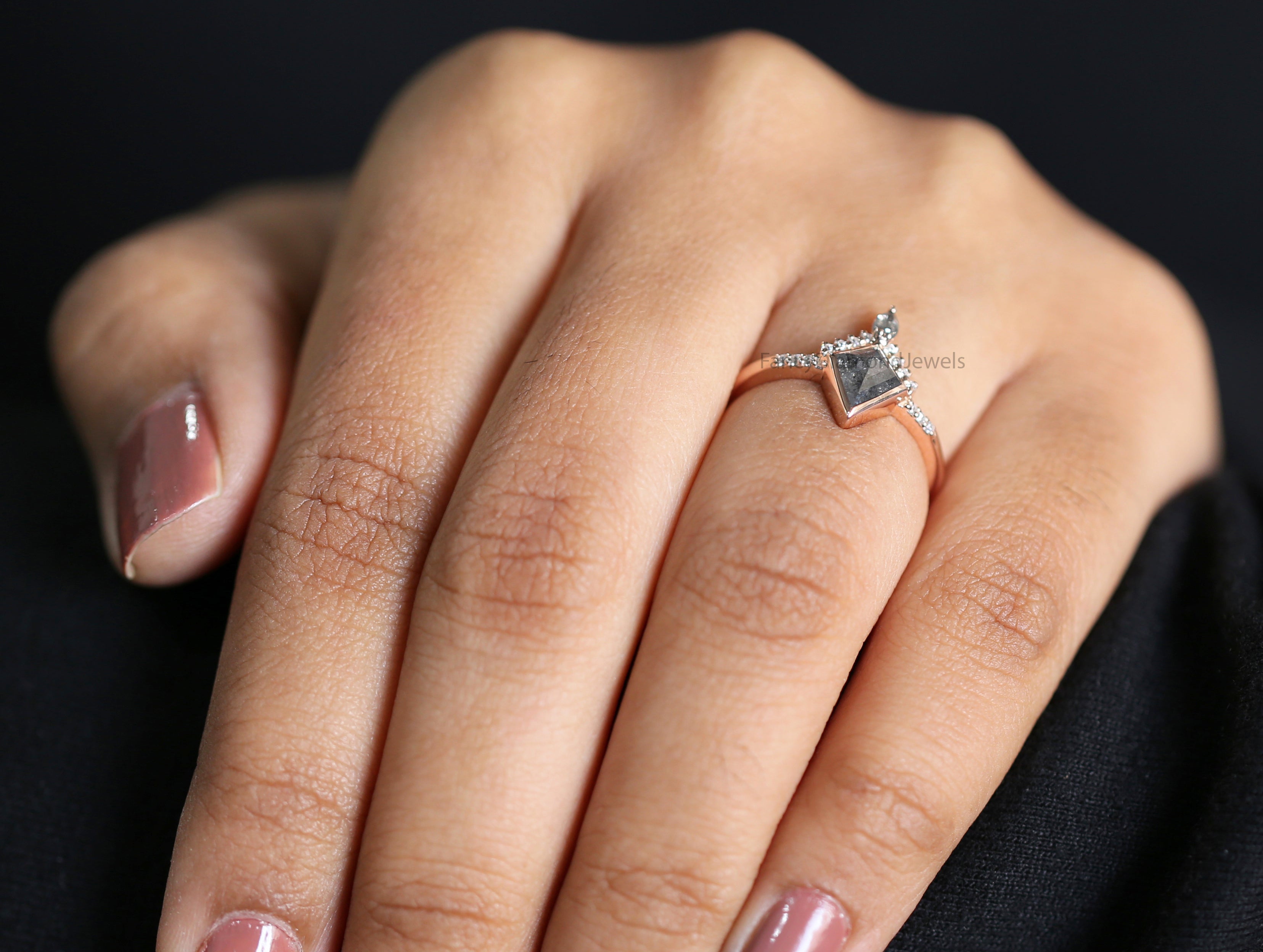 Kite Cut Salt And Pepper Diamond Ring 0.60 Ct 7.20 MM Kite Diamond Ring 14K Solid Rose Gold Silver Kite Engagement Ring Gift For Her QN2095