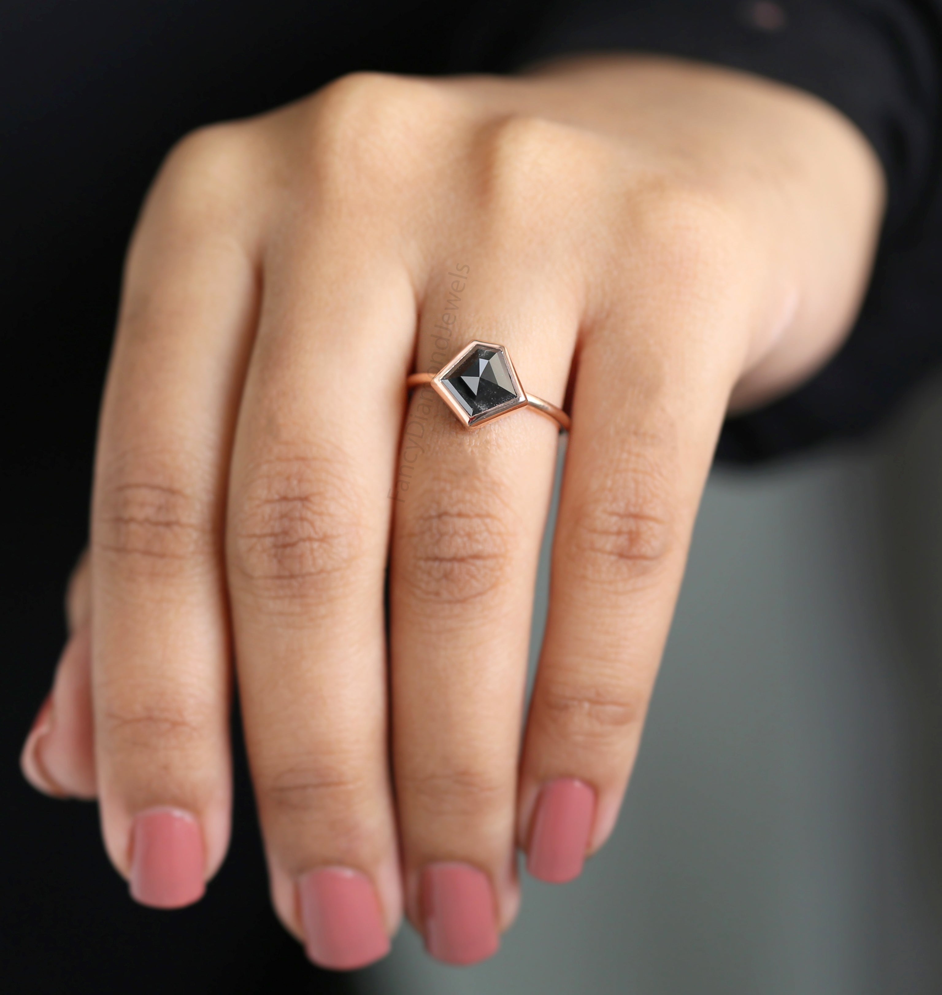 Pentagon Cut Black Color Diamond Ring 2.28 Ct 8.75 MM Pentagon Shape Diamond Ring 14K Rose Gold Silver Engagement Ring Gift For Her QL870