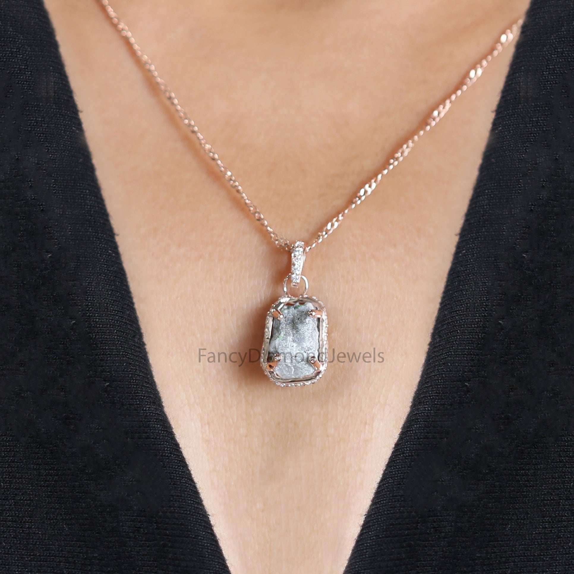 Rough Grey Color Diamond Pendant 5.56 Ct 12.06 MM Uncut Diamond Pendant 14K Solid Rose Gold Silver Engagement Pendant Gift For Her QL2791