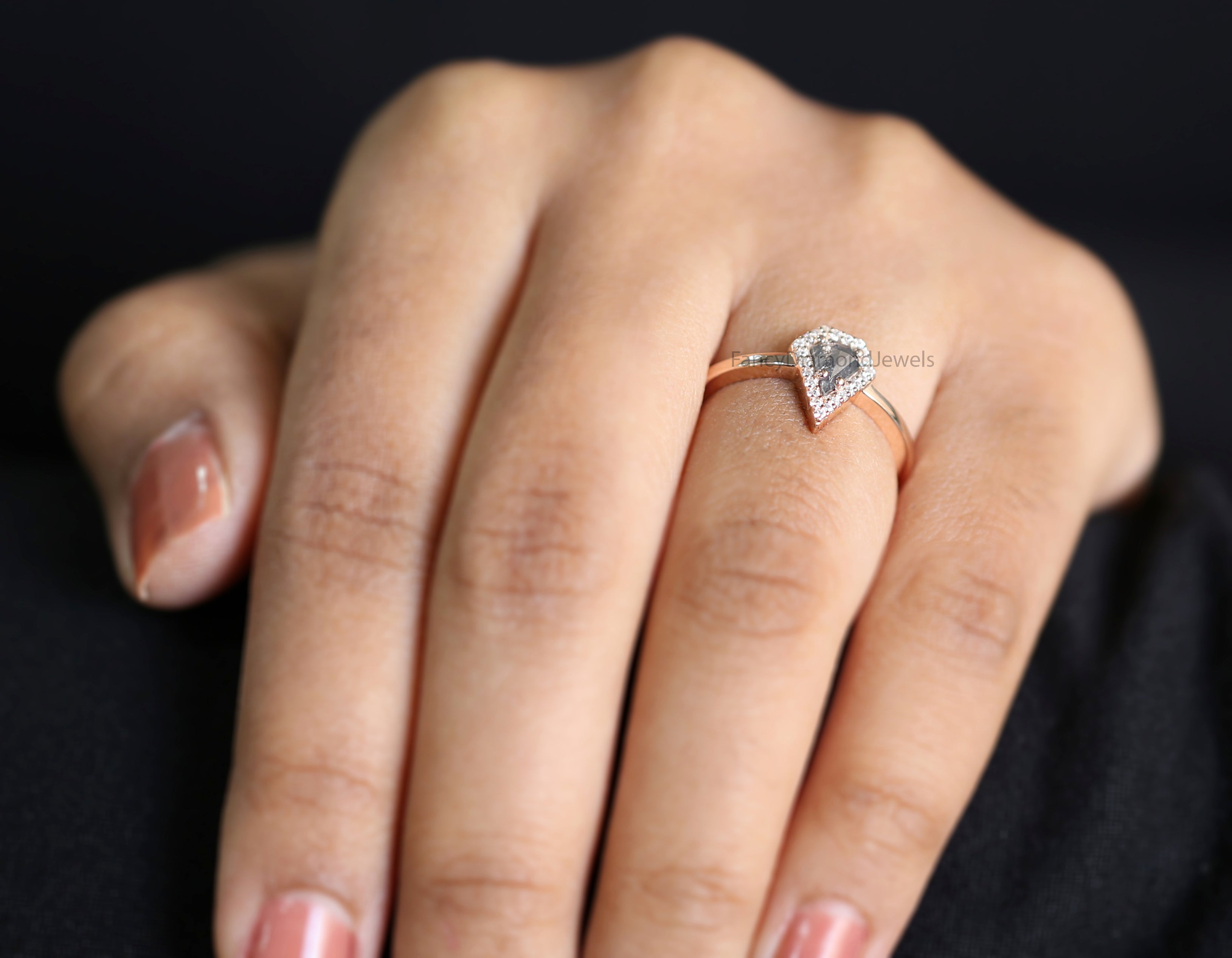 Shield salt and pepper Diamond Ring, Salt and pepper Shield Diamond Engagement Ring, Shield Diamond Ring, Halo Ring, Shield Ring KD1114