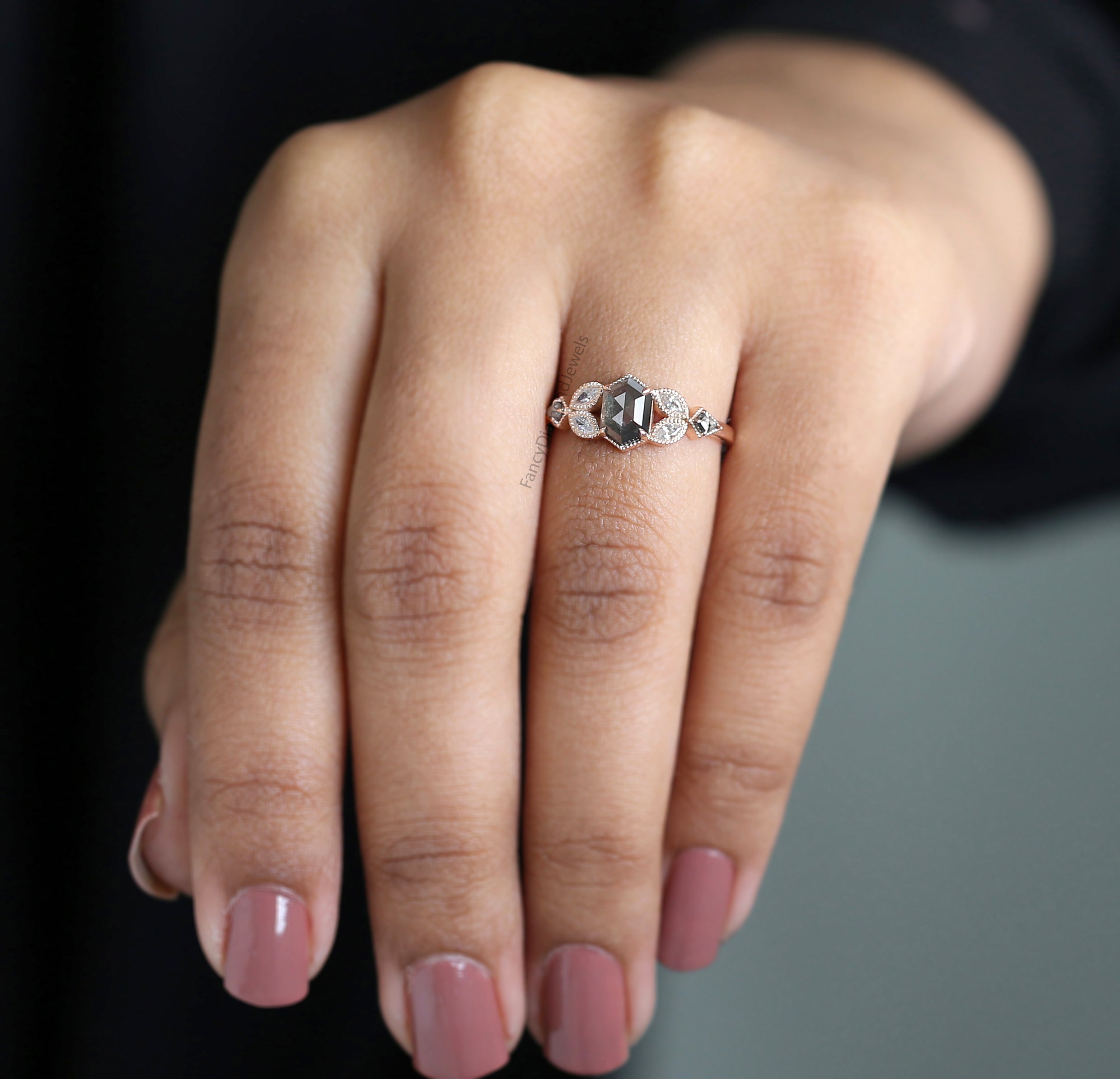Hexagon Cut Salt And Pepper Diamond Ring 0.98 Ct 6.83 MM Hexagon Cut Diamond Ring 14K Rose Gold Silver Engagement Ring Gift For Her QL2943