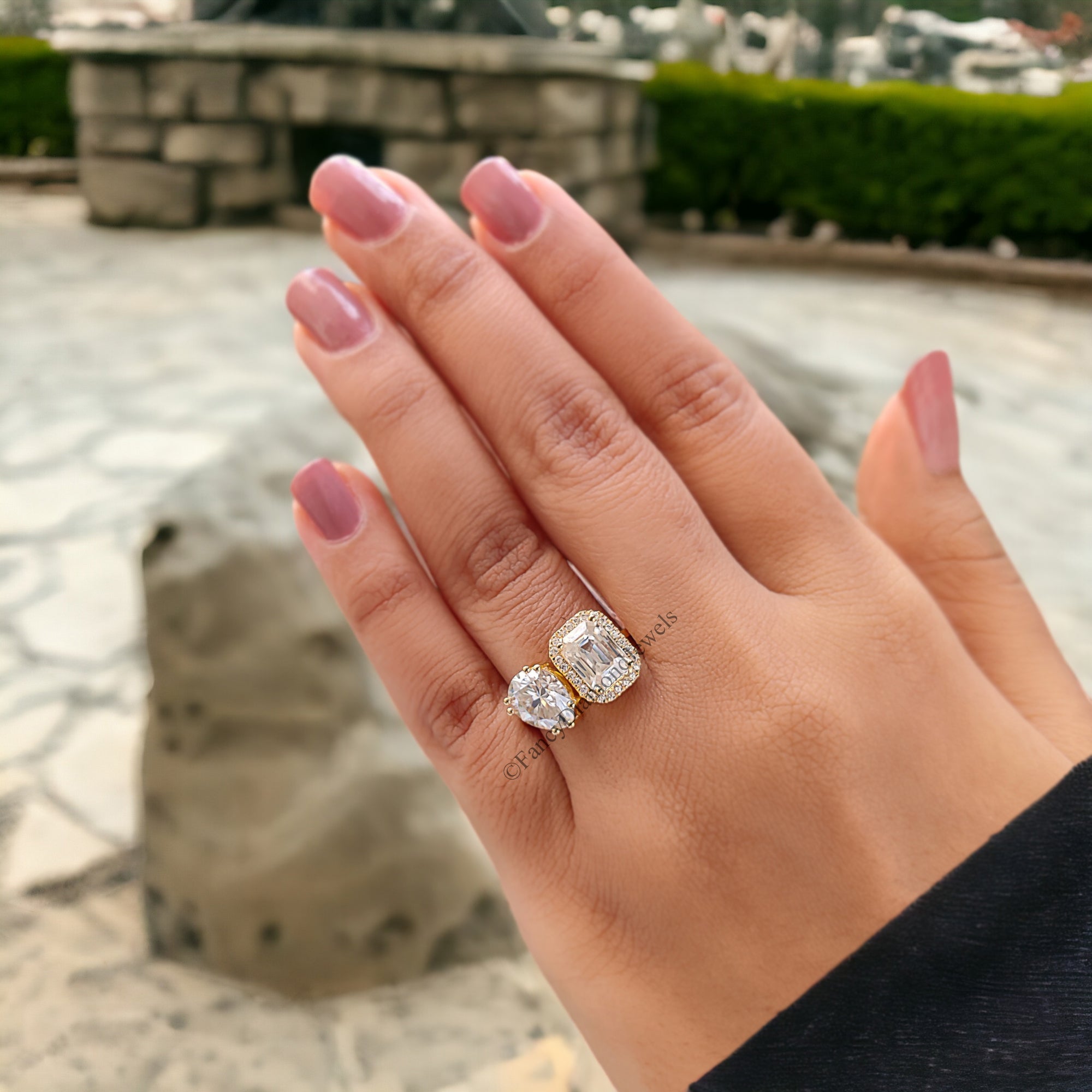 Pear And Emerald Cut Moissanite Engagement Ring 14K Solid Gold Colorless Moissanite Ring Toi Et Moi Ring Double Stone Wedding Ring FD250