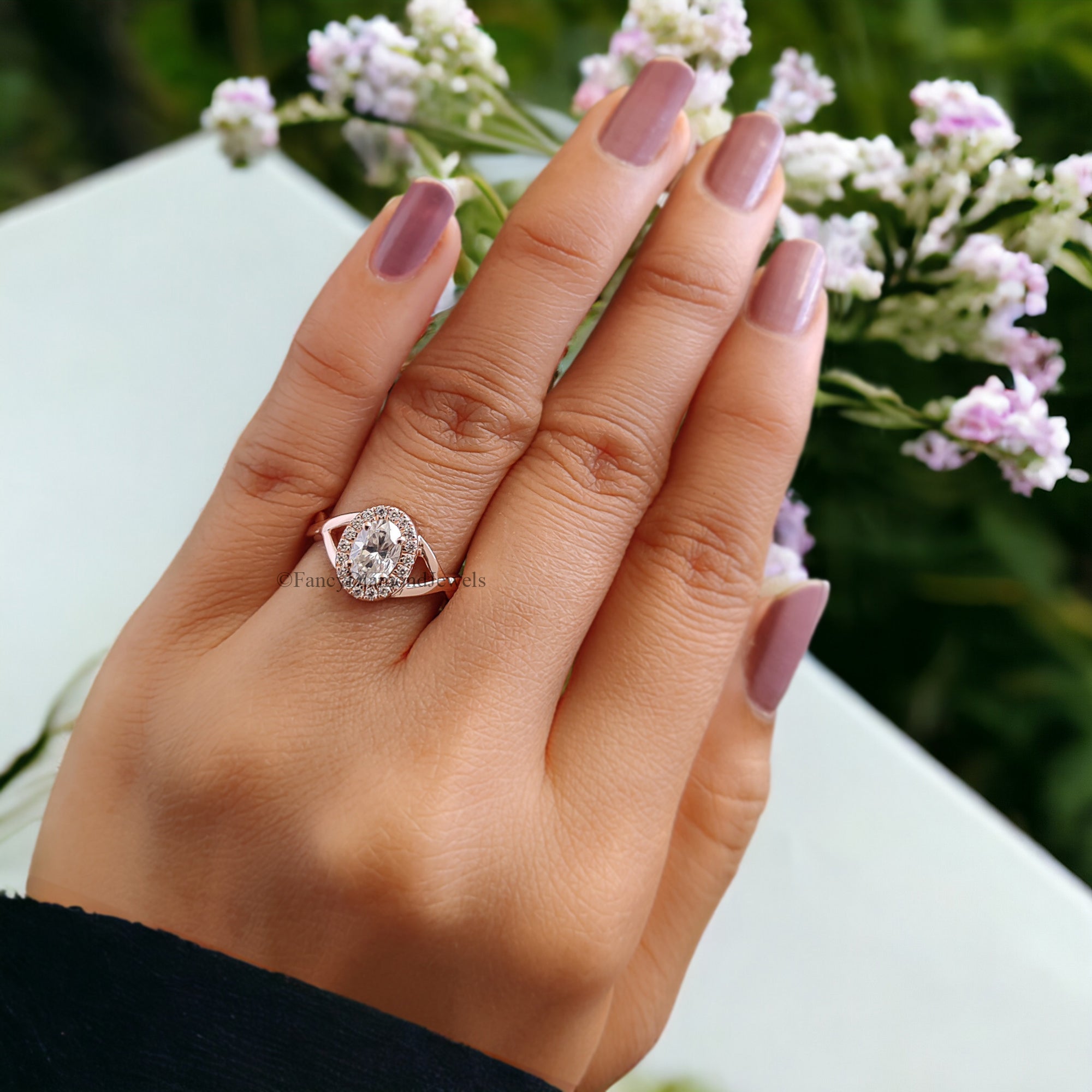 0.70 CT Oval Cut Moissanite Solitaire Ring 14K Rose Gold Engagement Ring Halo Setting Statement Ring Gift For Her Anniversary Ring FD96