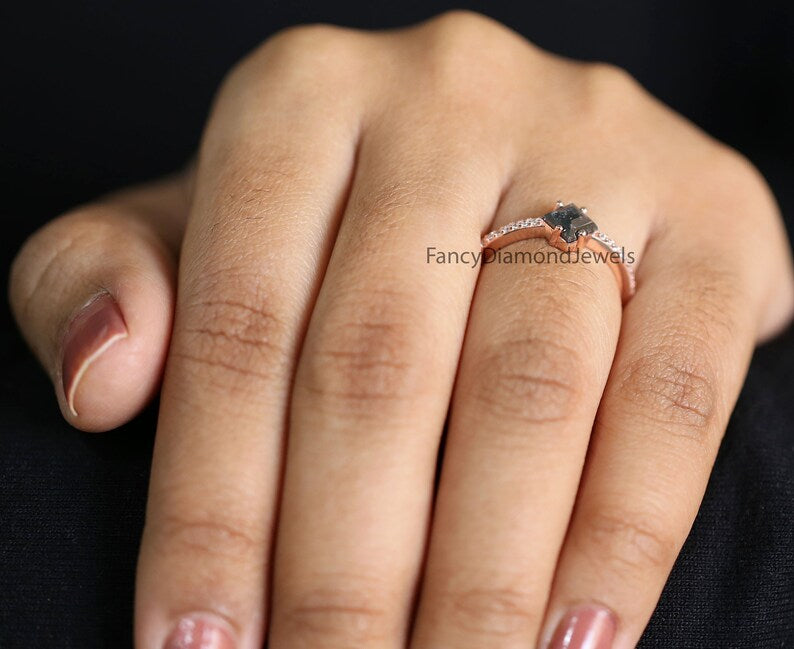 Kite Cut Salt And Pepper Diamond Ring 0.65 Ct 6.75 MM Kite Diamond Ring 14K Solid Rose Gold Silver Kite Engagement Ring Gift For Her QN808