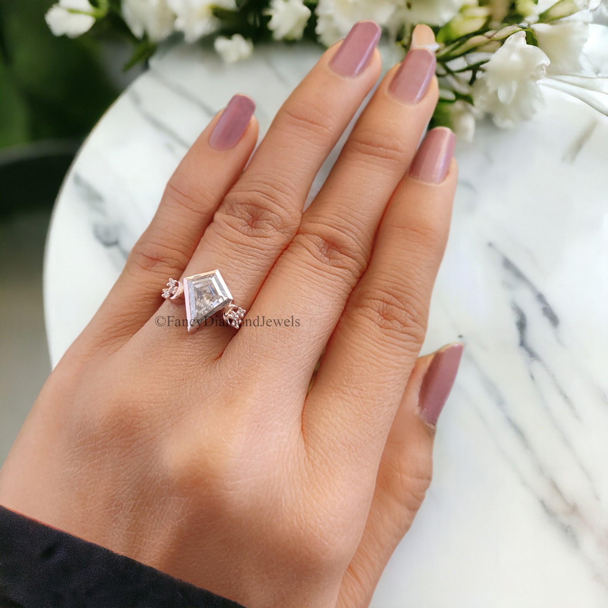 Kite Cut Moissanite Bridal Ring Colorless Moissanite Wedding Ring Bezel Set Moissanite Proposal Ring Milgrain Work Engagement Ring FD51