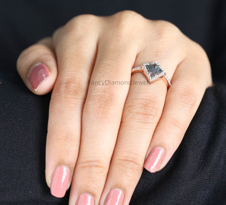 0.94 Ct Natural Kite Shape Salt And Pepper Diamond Ring 7.60 MM Kite Cut Diamond Ring 14K Solid Rose Gold Silver Engagement Ring QL2038