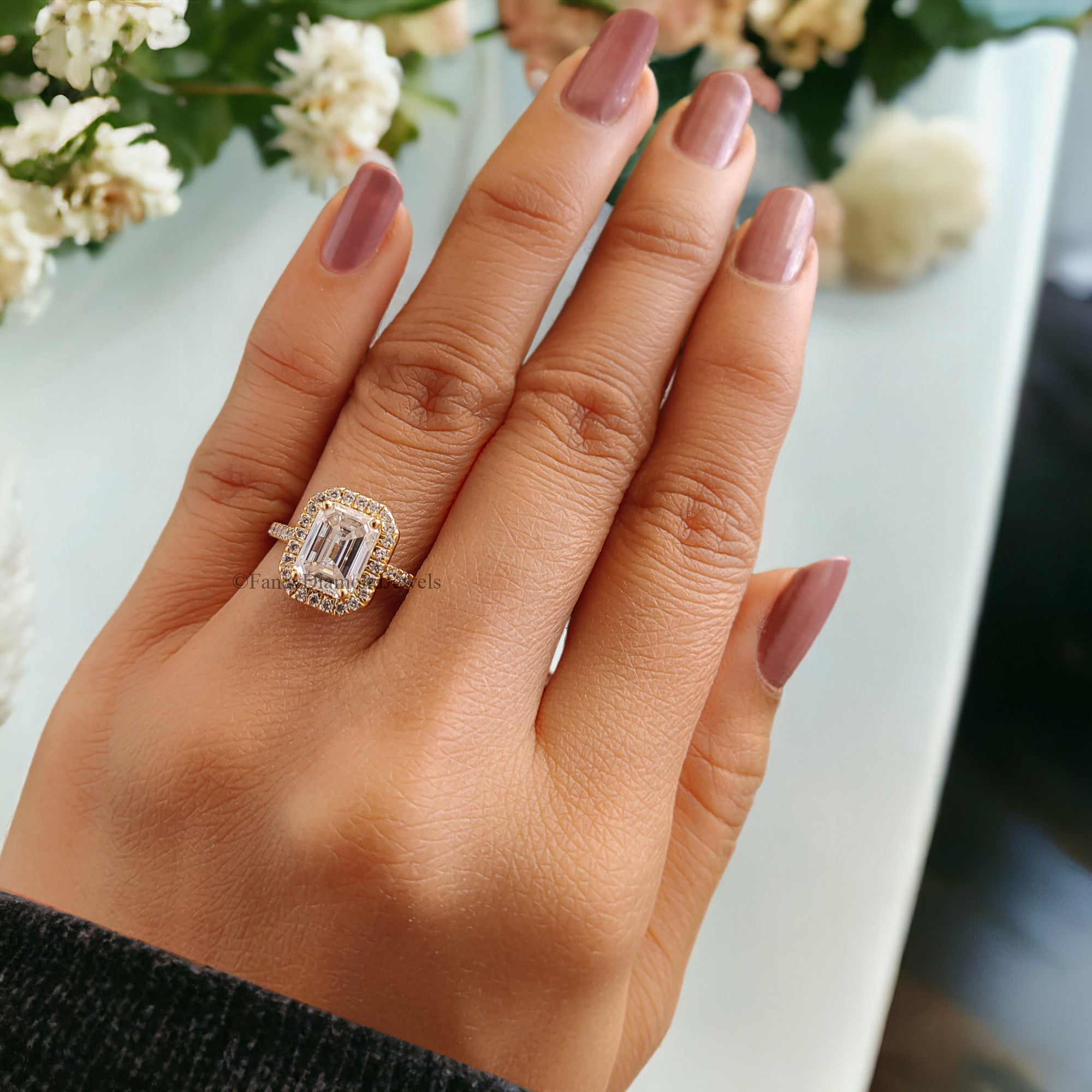 1.5 CT Emerald Cut Moissanite Solitaire Ring 14K Yellow Gold Engagement Ring Halo Setting Statement Ring Gift For Her Anniversary Ring FD89