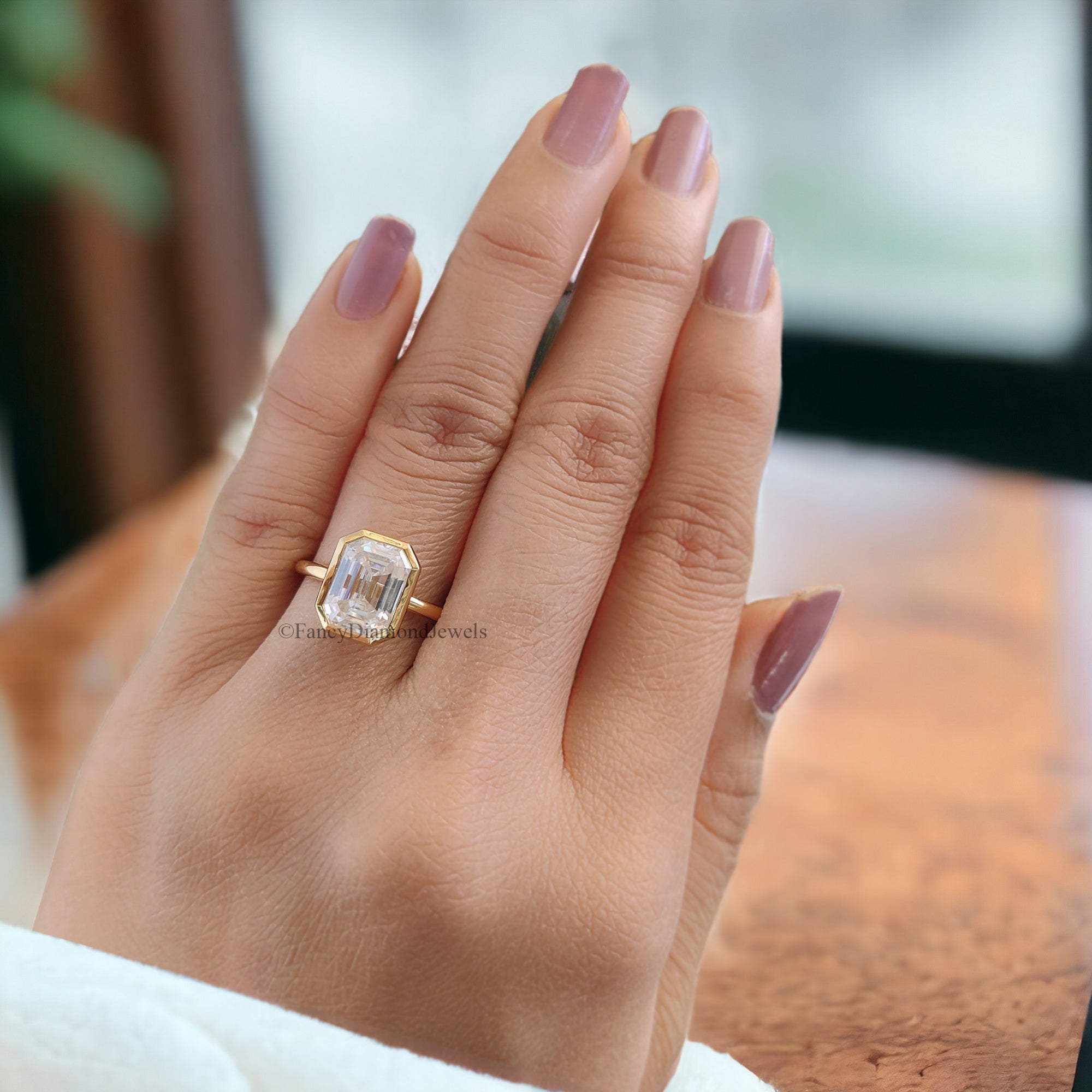 2.5 CT Emerald Cut Moissanite Solitaire Ring 14K Yellow Gold Engagement Ring Bezel Setting Statement Ring Gift For Her Anniversary Ring FD48