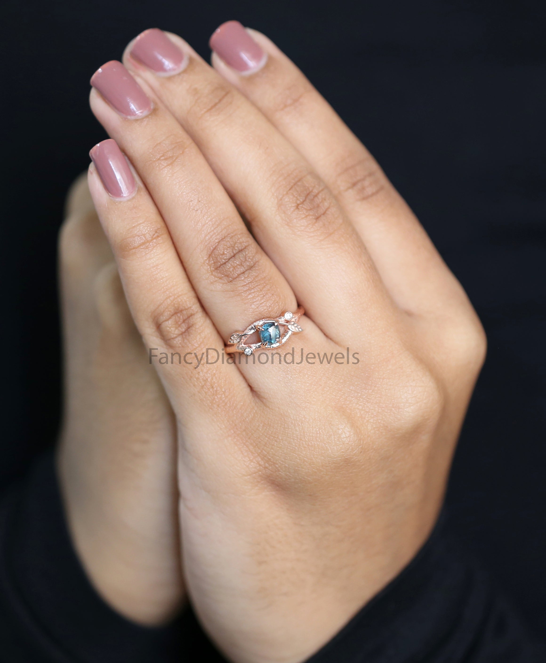 Rough Blue Color Diamond Ring 0.81 Ct 5.45 MM Crystal Rough Diamond Ring 14K Solid Rose Gold Silver Engagement Ring Gift For Her QL2228