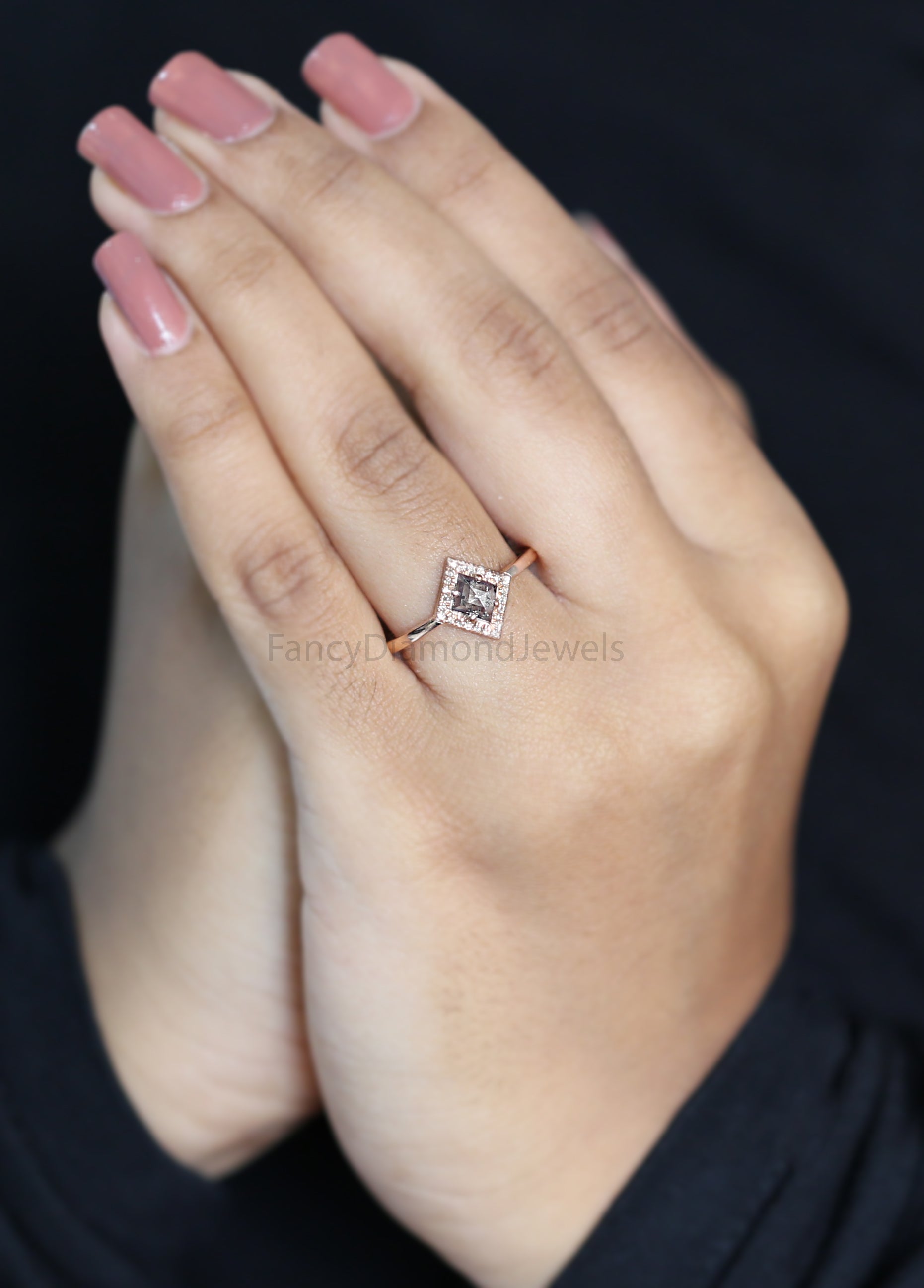 Kite Salt And Pepper Diamond Ring, Natural Kite Diamond Ring, Kite Diamond Engagement Ring, Kite Halo Diamond Ring, Kite Cut Ring KD1124