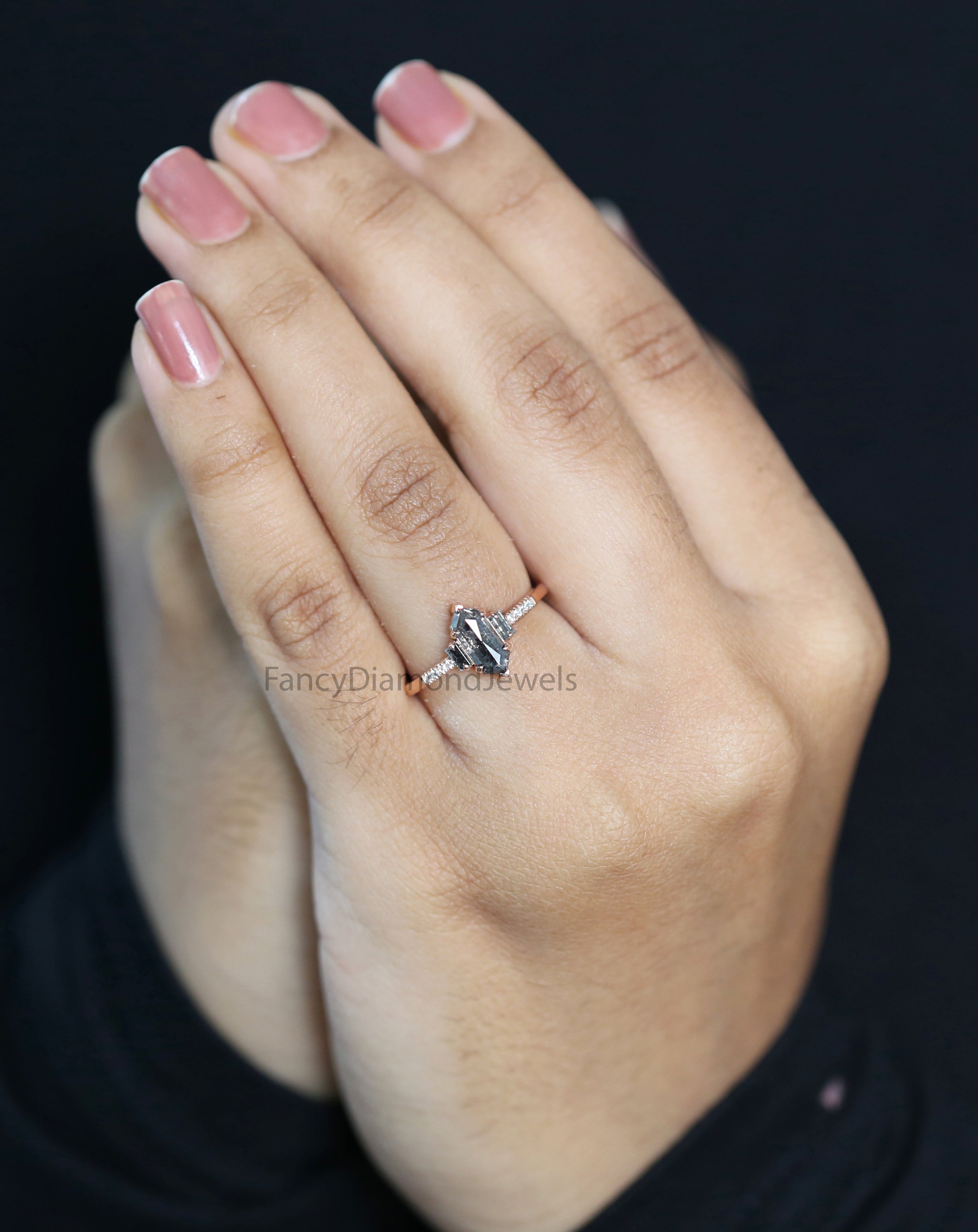 Hexagon Cut Salt And Pepper Diamond Ring 1.00 Ct 9.40 MM Hexagon Cut Diamond Ring 14K Rose Gold Silver Engagement Ring Gift For Her QL2507