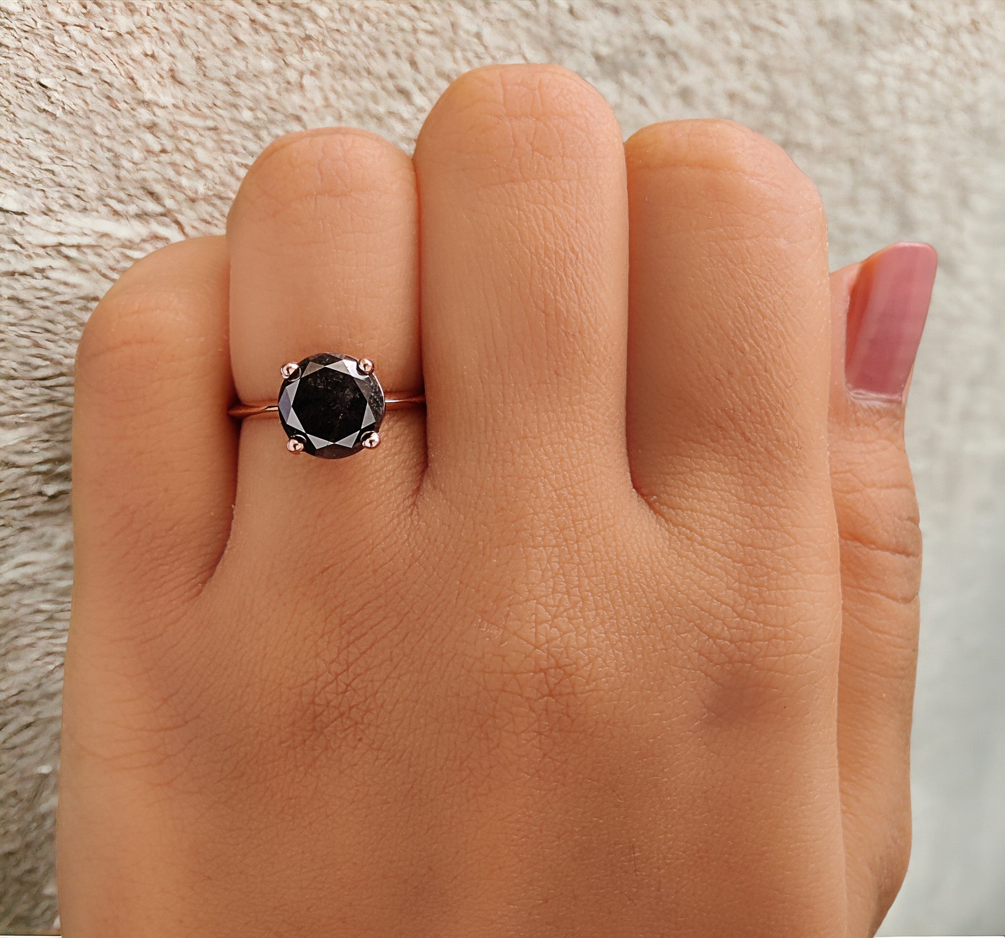 Round Cut Black Color Diamond Ring 2.59 Ct 8.30 MM Round Shape Diamond Ring 14K Solid Rose Gold Silver Engagement Ring Gift For Her QL7395