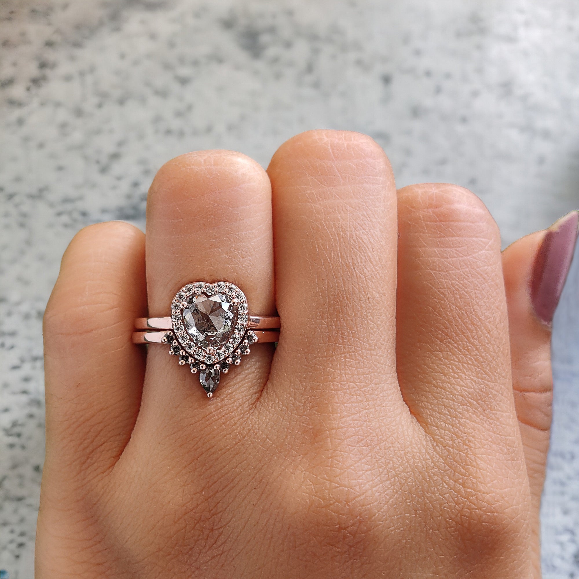 Heart Salt And Pepper Diamond Ring 1.54 Ct 7.09 MM Heart Shape Diamond Ring 14K Solid Rose Gold Silver Engagement Ring Gift For Her QL2598