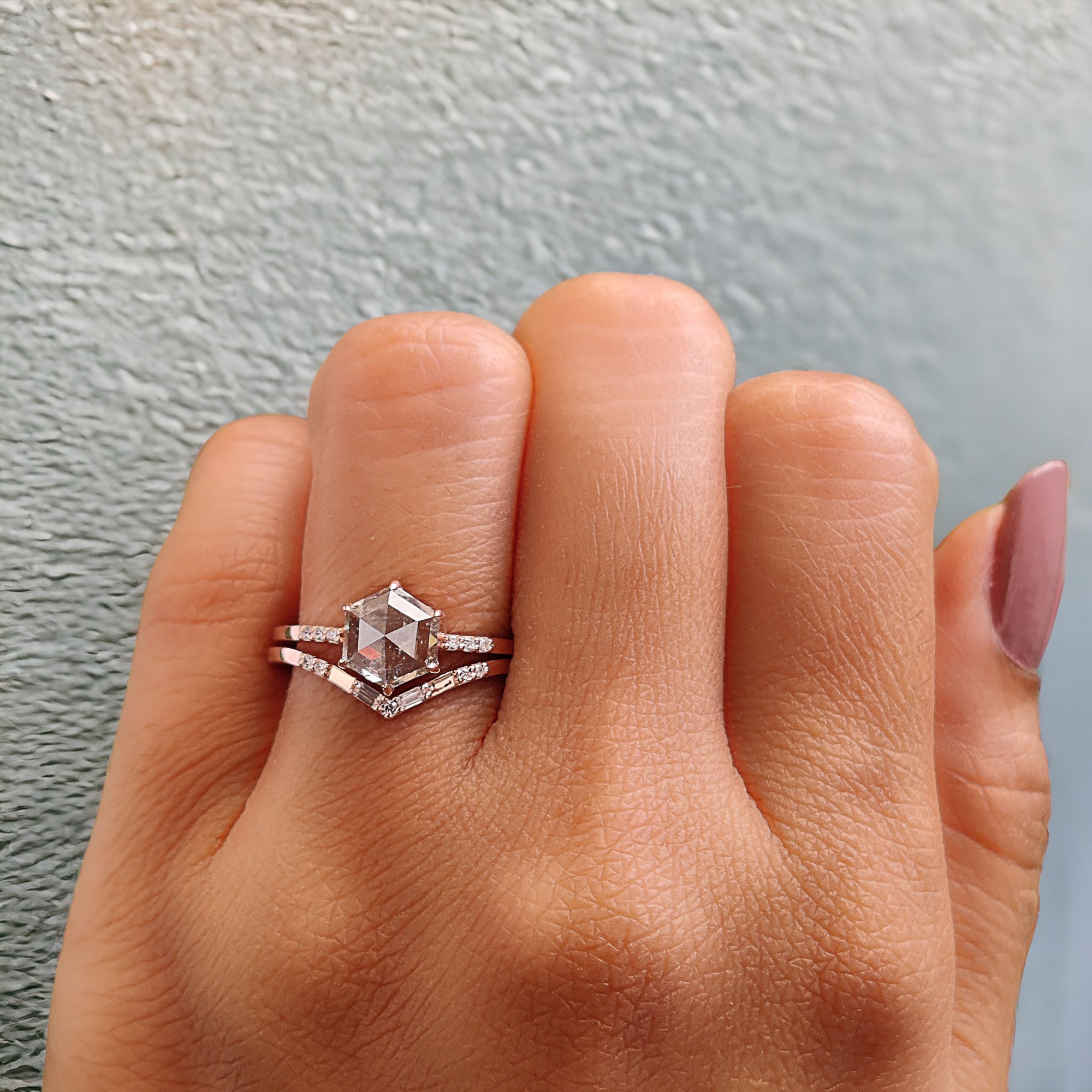 Hexagon Cut Salt And Pepper Diamond Ring 1.34 Ct 7.32 MM Hexagon Cut Diamond Ring 14K Rose Gold Silver Engagement Ring Gift For Her QL2626