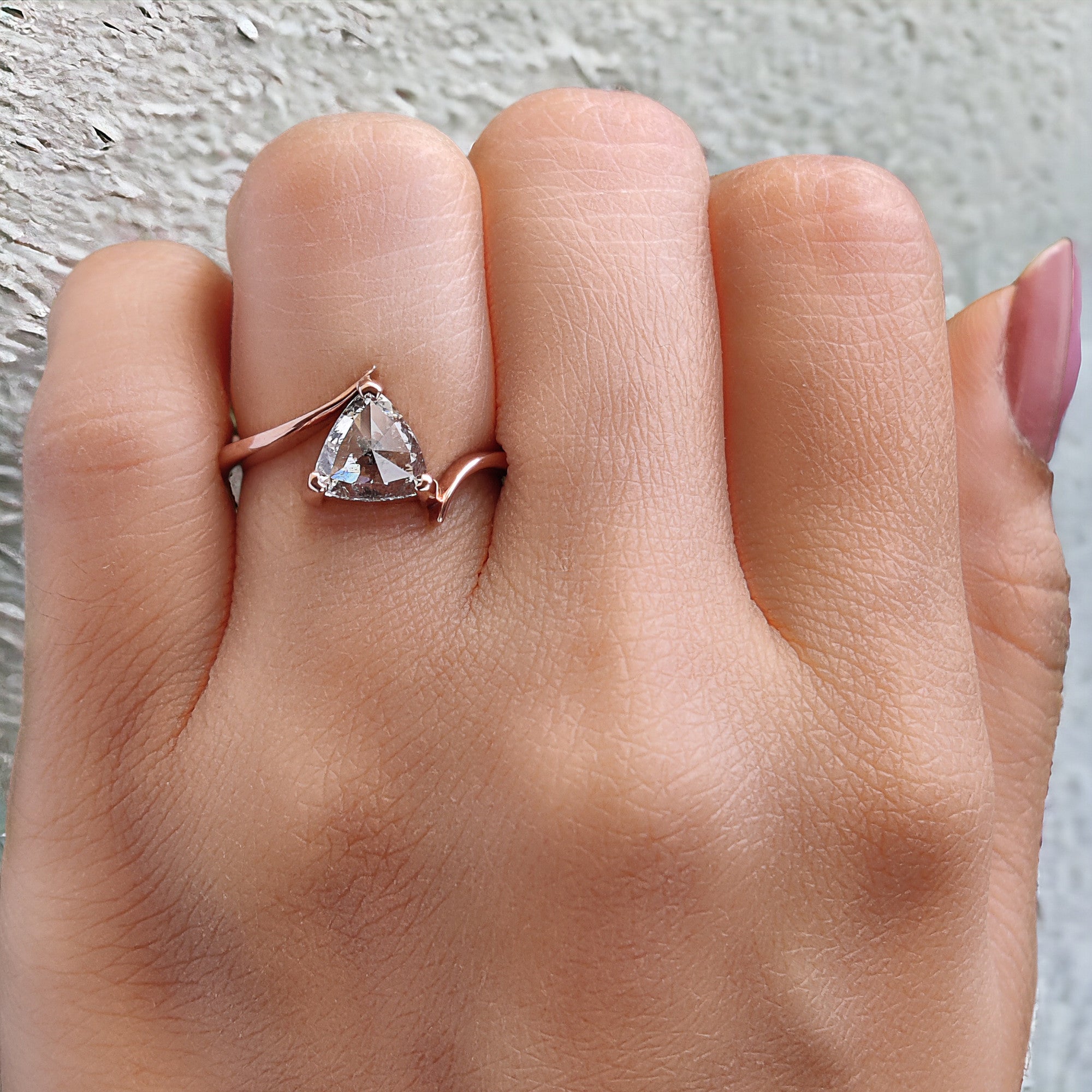Triangle Salt And Pepper Diamond Ring 1.37 Ct 7.07 MM Triangle Diamond Ring 14K Solid Rose Gold Silver Engagement Ring Gift For Her QL2653