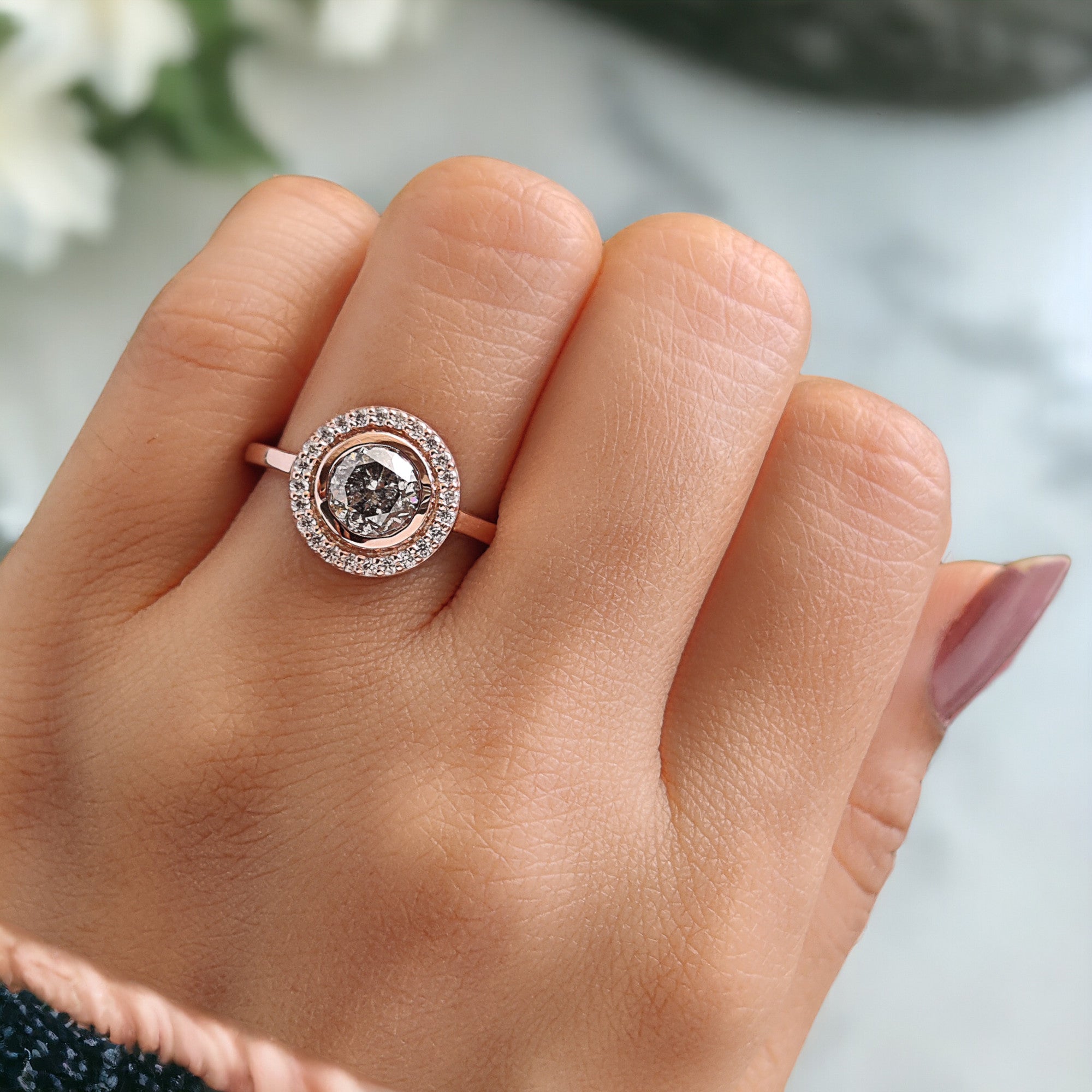 Round Cut Salt And Pepper Diamond Ring 1.11 Ct 6.14 MM Round Diamond Ring 14K Solid Rose Gold Silver Engagement Ring Gift For Her QL2606