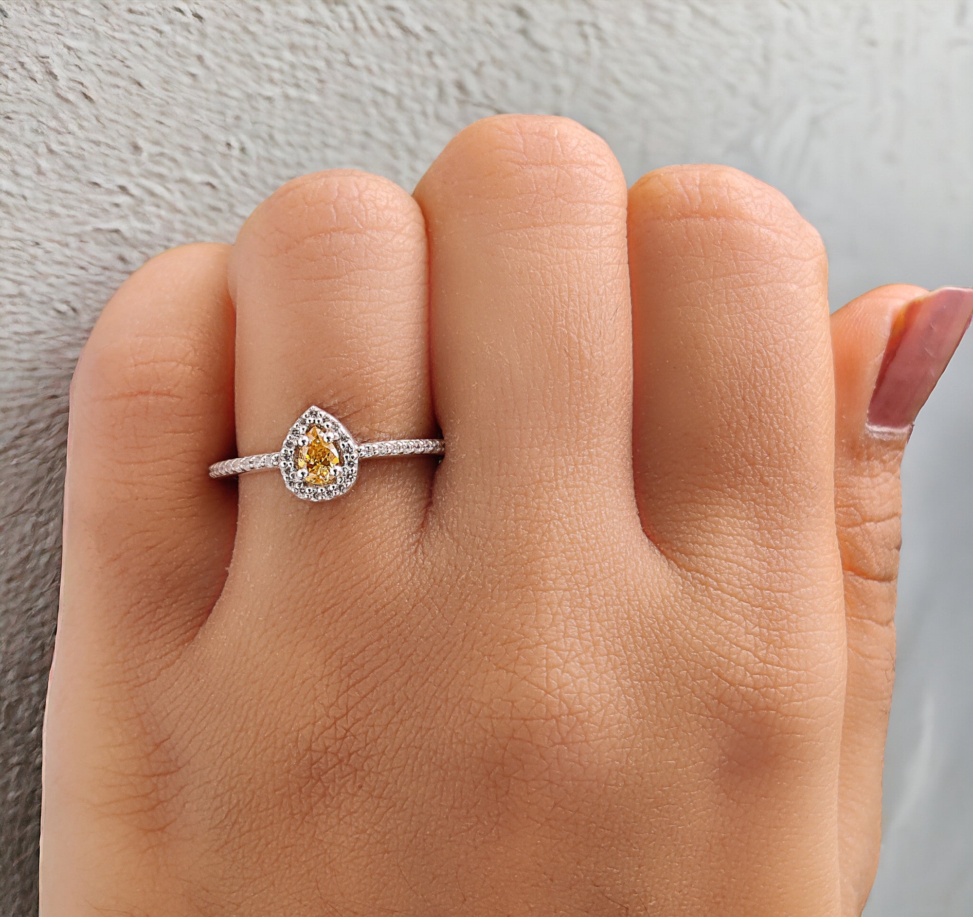 Pear Cut Orange Color Diamond Ring 0.20 Ct 4.50 MM Pear Diamond Ring 14K Solid White Gold Silver Pear Engagement Ring Gift For Her QL5669