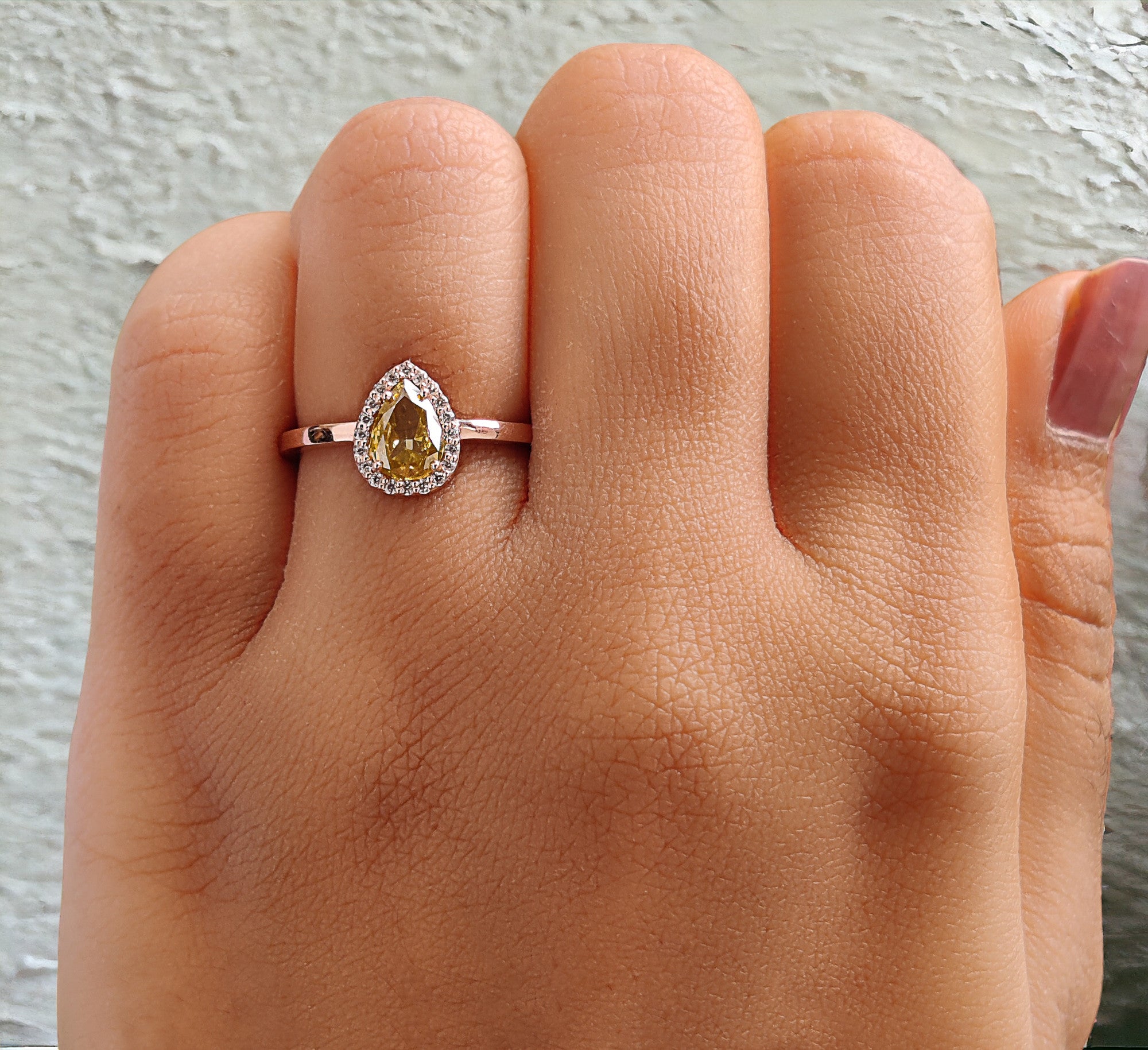 Pear Cut Yellow Color Diamond Ring 0.59 Ct 6.70 MM Pear Diamond Ring 14K Solid Rose Gold Silver Pear Engagement Ring Gift For Her QL6470