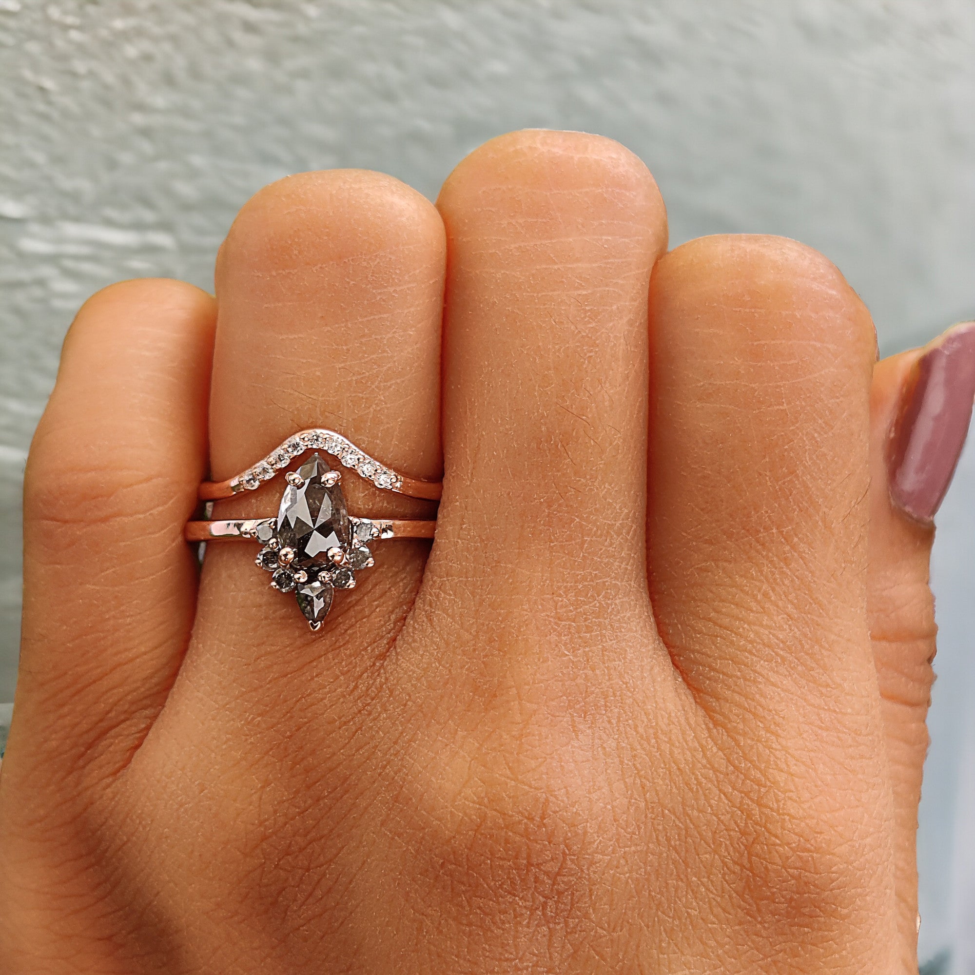 Pear Cut Salt And Pepper Diamond Ring 0.96 Ct 7.90 MM Pear Diamond Ring 14K Solid Rose Gold Silver Pear Engagement Ring Gift For Her QL1526